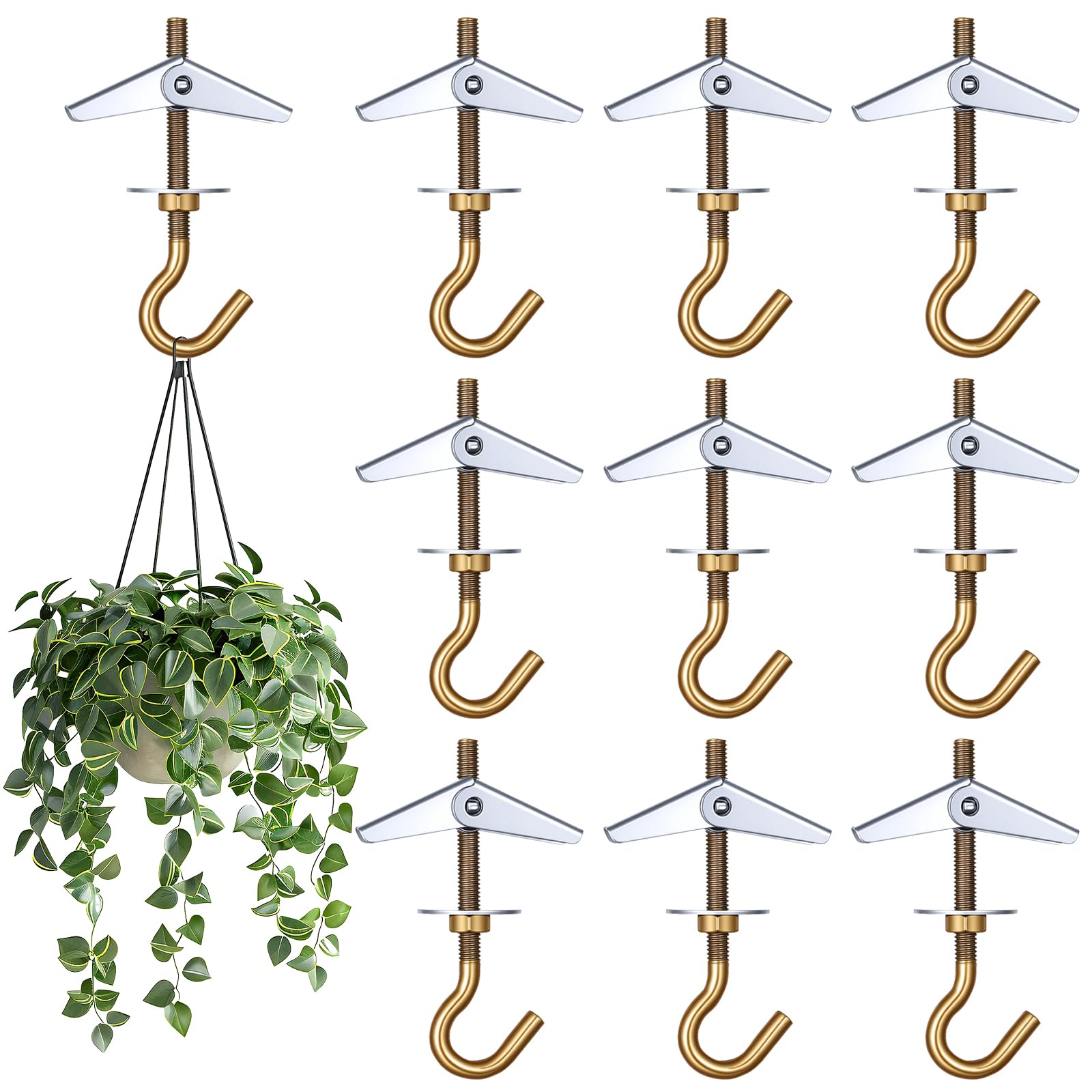 10 Pcs Ceiling Hooks for Hanging Plants, Wing Spring Toggle Plasterboard Fixings with Hooks, Heavy Duty Toggle Bolts for Plasterboard, Mount Hook Fixing Anchors for Drywall Cavity Hollow Walls