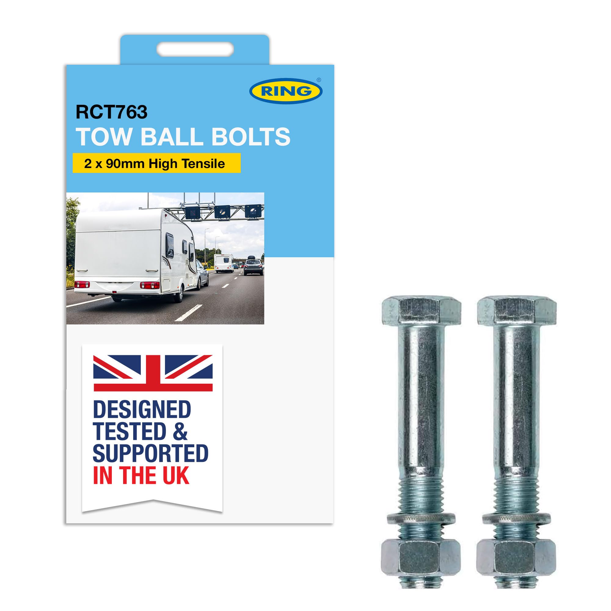RING 2 x 90 mm high Tensile Tow Ball Mounting Bolts: Standard Size (M16) - Suitable for Two Bolt Fixing Tow Balls