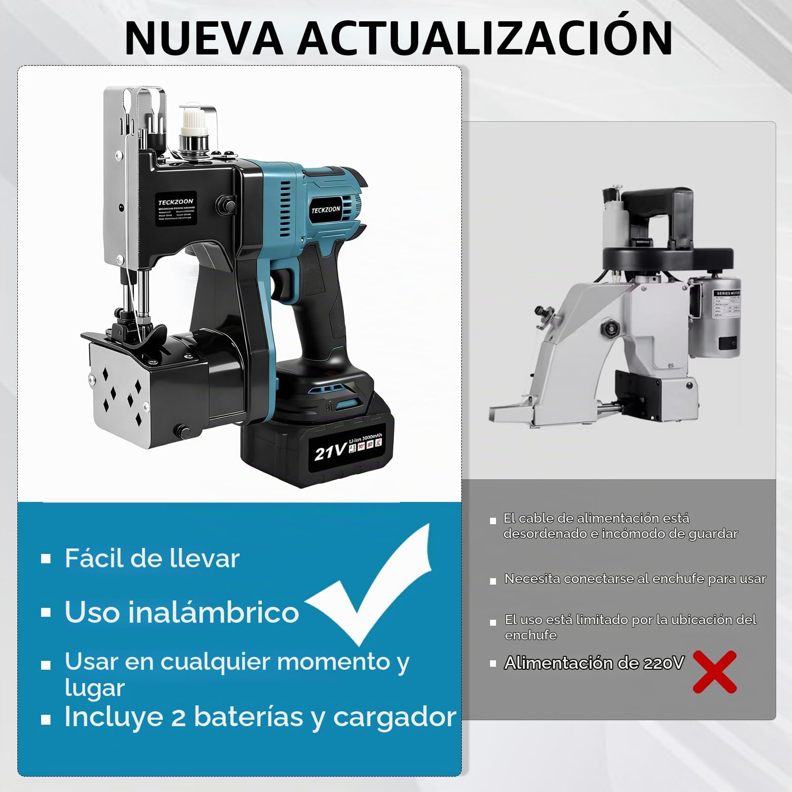 Máquina de Coser Bolsas Eléctrica, Máquina de Coser Portátil con 2 Baterías, Cosedora de Sacos Eléctrica para Bolsas de Tela, Yute y Papel Kraft, Longitud de Puntada: 7-11mm