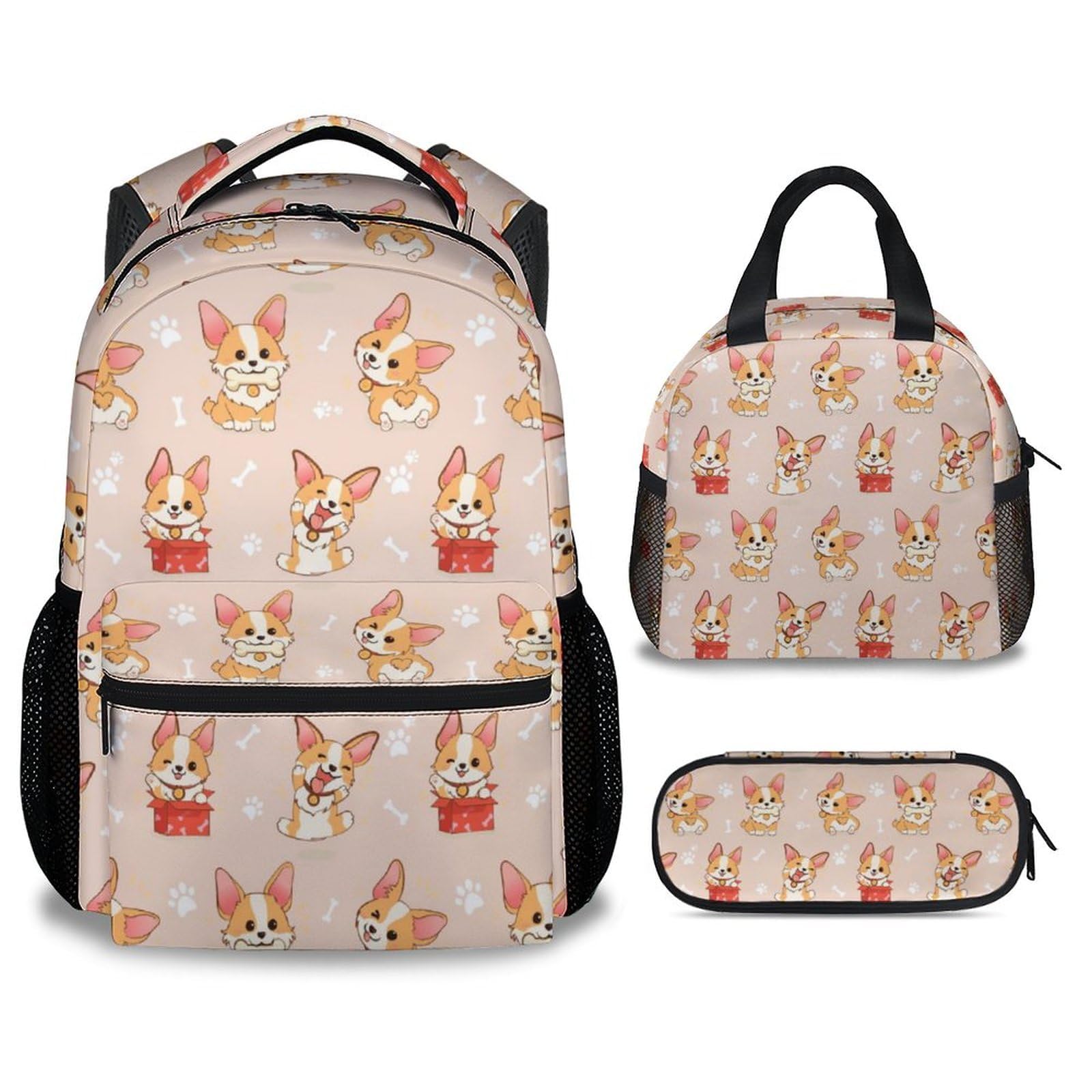 KAXVZER Corgi Girls Backpack with Lunch Box Set, 3 in 1 School Backpacks Matching Combo, Cute Pink Bookbag and Pencil Case Bundle