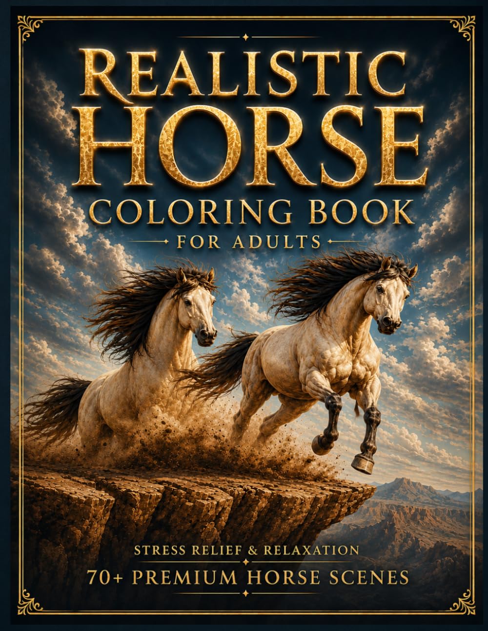 Realistic Horse Coloring Book for Adults: Stress Relief & Relaxation – 70+ Premium Line Art Scenes of Horses, Riders, Cowboys & Scenic Moments