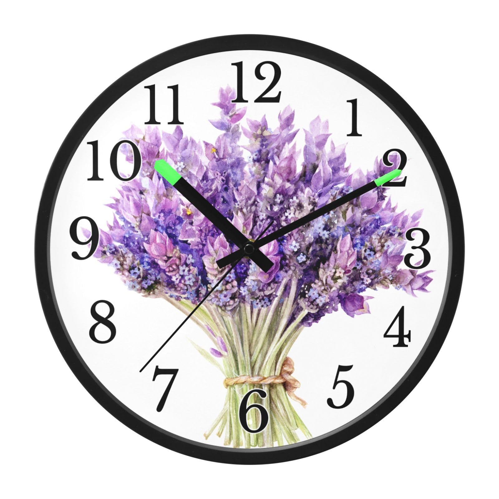 Mnsruu Reloj de pared luminoso con ramos de lavanda morada, reloj de pared que brilla en la oscuridad, funciona con pilas, 12 pulgadas, silencioso, sin tictac, luz nocturna para dormitorio