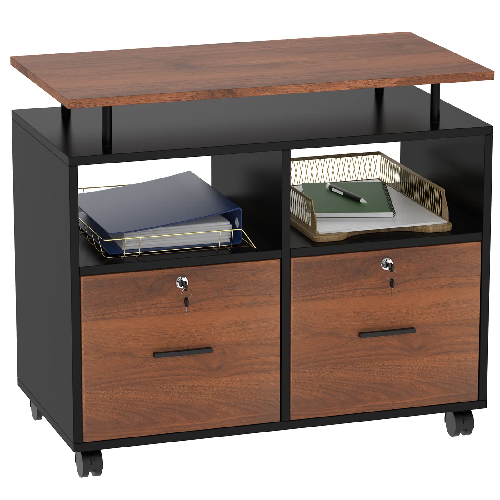 Naice Lateral File Cabinet, 2 Drawer Filing Cabinet with Lock for Letter, A4 Size, Wood Mobile File Cabinet with Enlarged Wheels, Home Office Printer Stand with 2 Storage Shelves, Walnut Brown