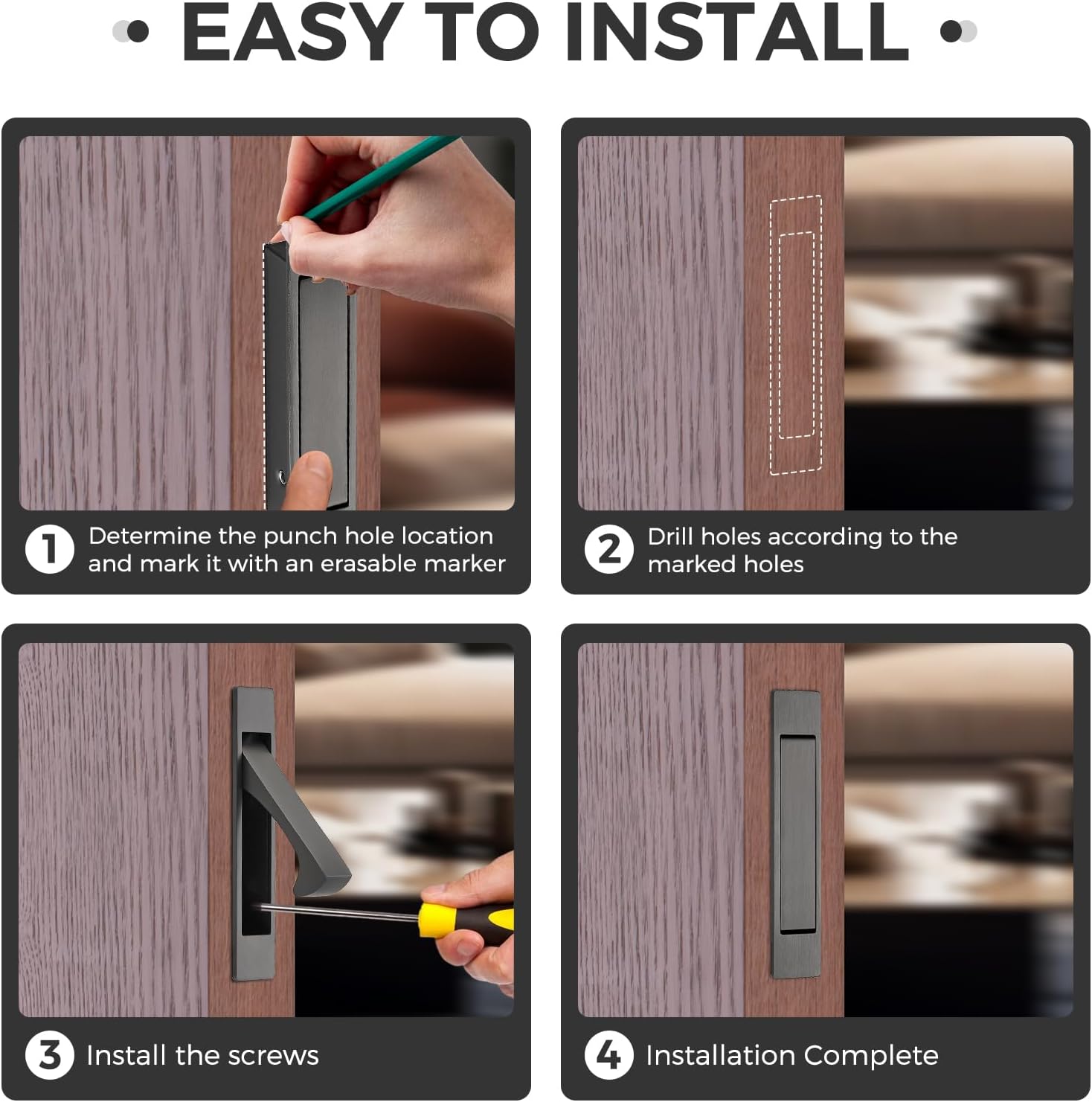 JOY DECOR Pocket Door Pull Handle, Edge Pull, Gun Grey Flush Mount for Sliding Doors (4 Pack)