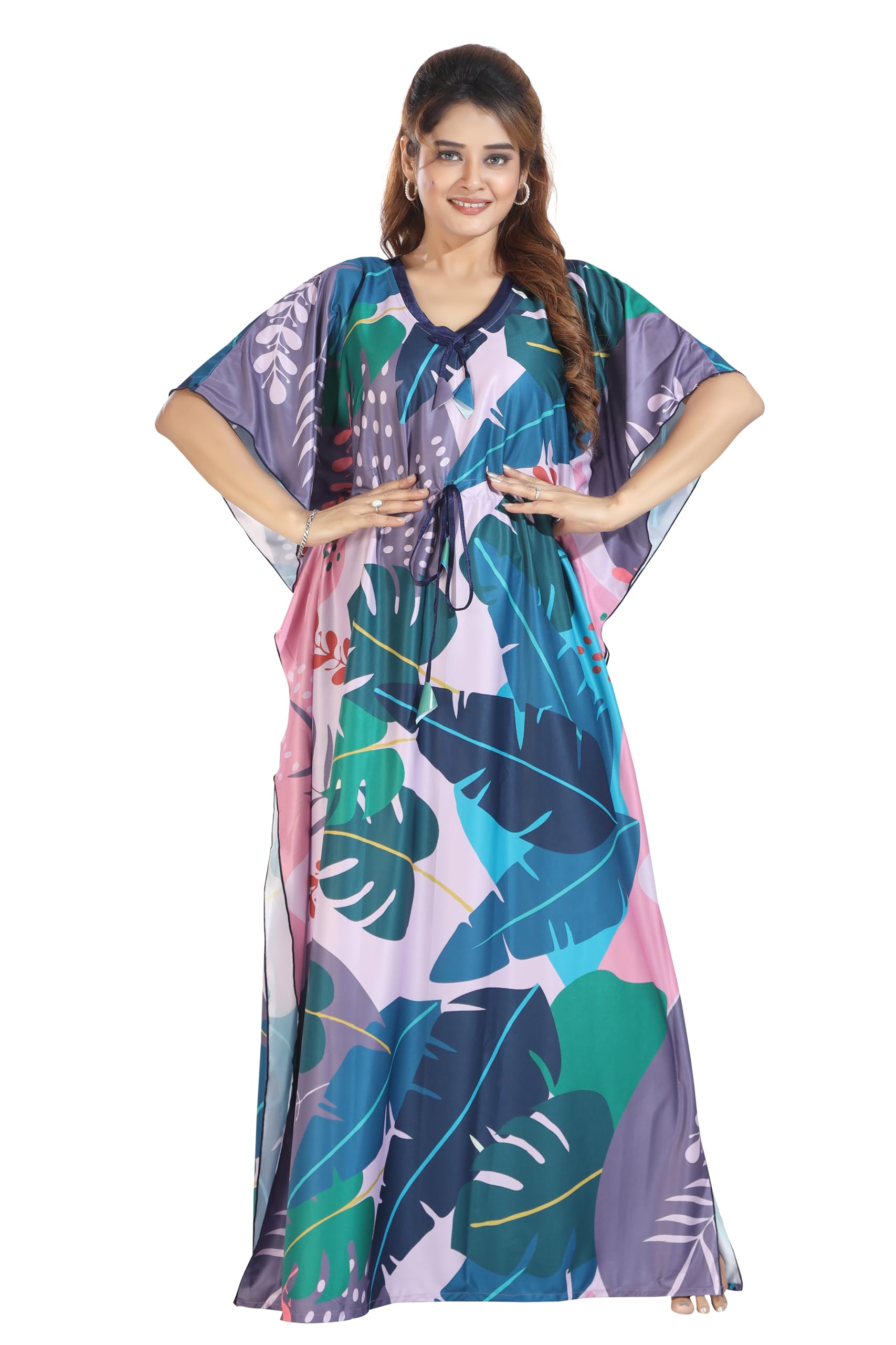 gutthi Women's Kaftan Nighty | Digital Print | Sarena Fabric | V Shaped Neck Nightwear | Nightdress for Girl Light Blue-picture-33
