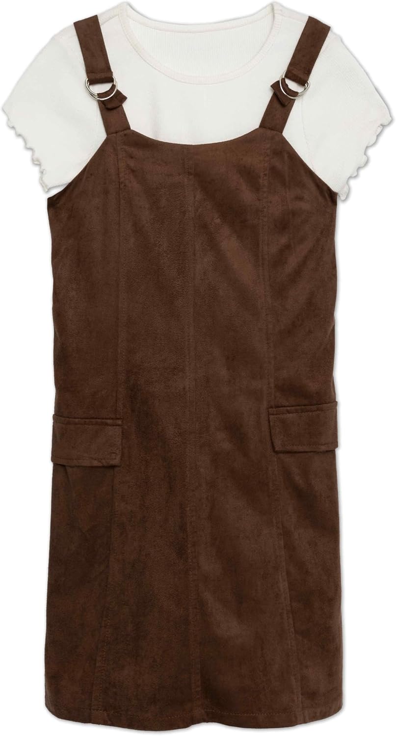 Speechless Girls' 2-piece Faux Suede Jumper Dress with Short Sleeve T-Shirt