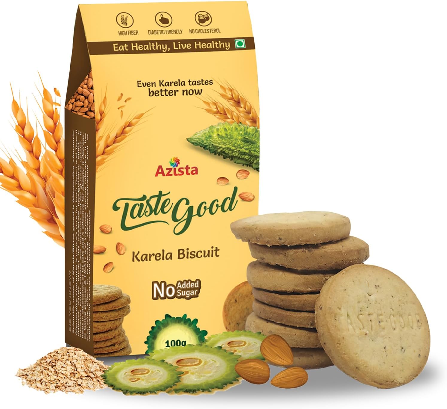 Taste Good Karela Biscuits High-Fiber, Sugar-Free, Cholesterol Free, Almond, Diabetic-Friendly Healthy Digestive Snacks - 800 Gm(Pack Of 8)