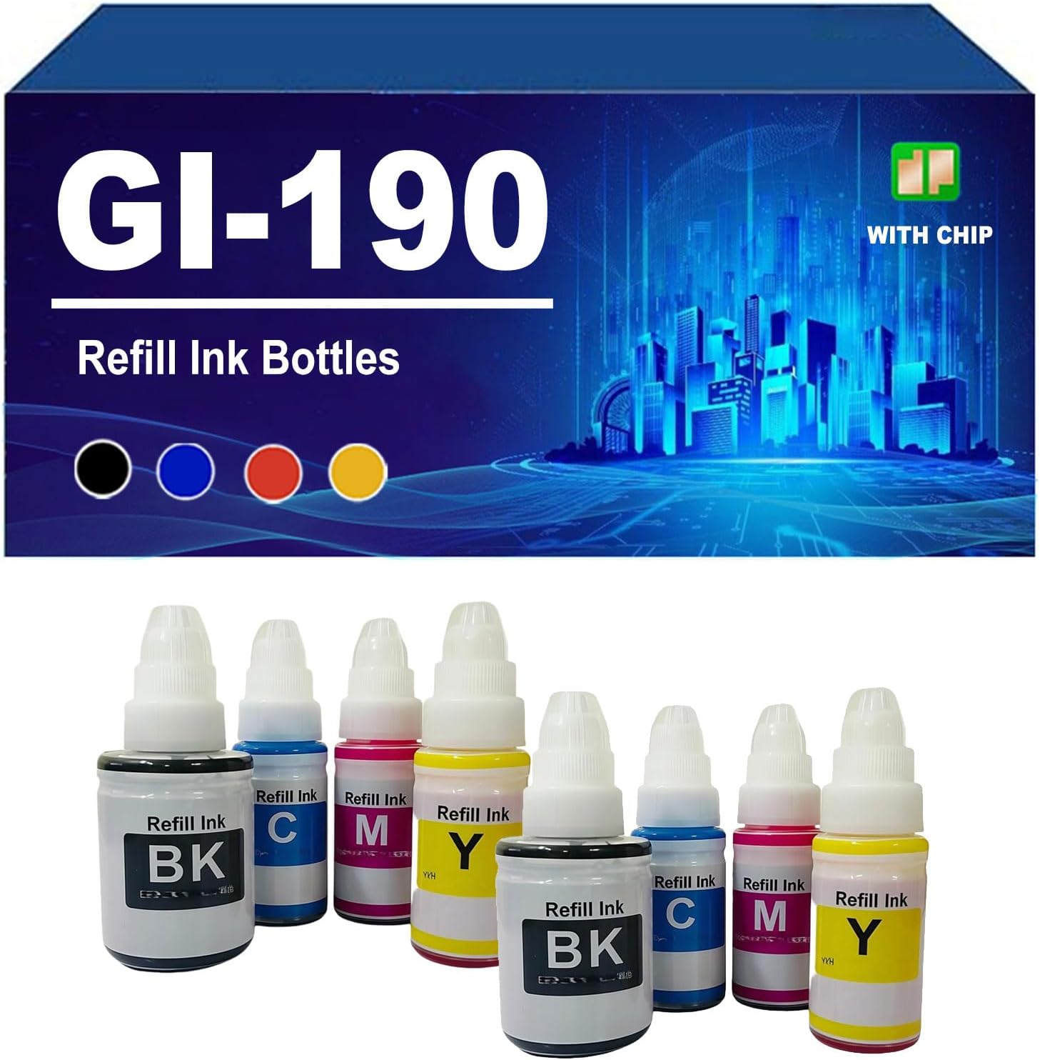 GI-190 GI190 Refill Ink Bottles Compatible for Canon GI-190 190 Works with PIXMA G1100 G1110 G2100 G2110 G3100 G3102 G3110 G3111 G4100 G4110 G4111 Printer,4 Colors-2 Set