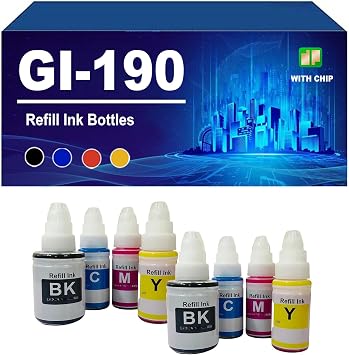 GI-190 GI190 Refill Ink Bottles Compatible for Canon GI-190 190 Works with PIXMA G1100 G1110 G2100 G2110 G3100 G3102 G3110 G3111 G4100 G4110 G4111 Printer,4 Colors-2 Set