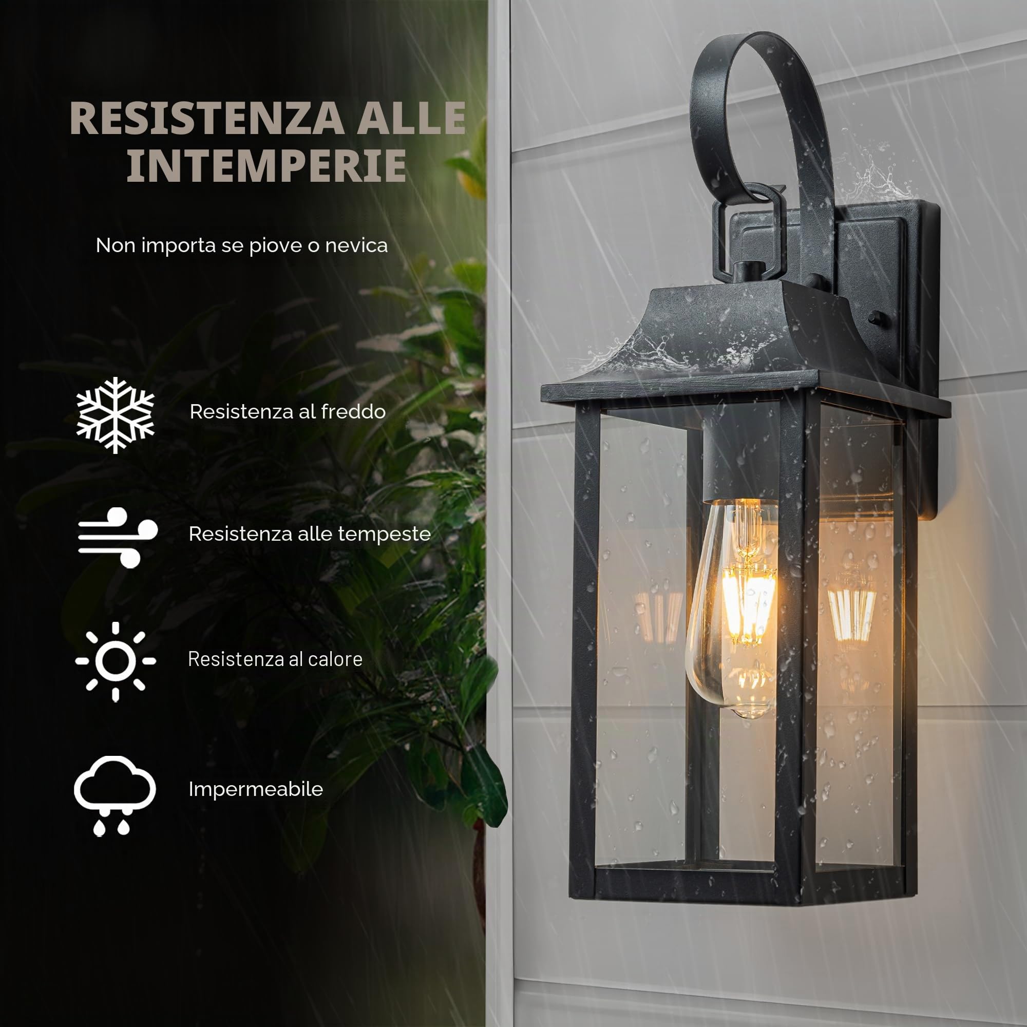 FTL Lampada da Parete E27 Esterno, Grande Portico Applique da Parete, Nero Luci da Esterno a Parete, 60W Max Vintage Lampade Lanterna da Esterno con Vetro, IP44 Impermeabile Luci da Esterno Giardino