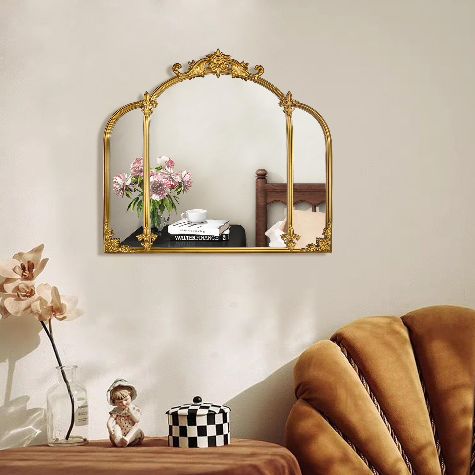Espejo de Pared de Arco Dorado de 24 x 22 Pulgadas, Estilo Barroco con Marco de Metal, tocador, Dormitorio, baño, Entrada