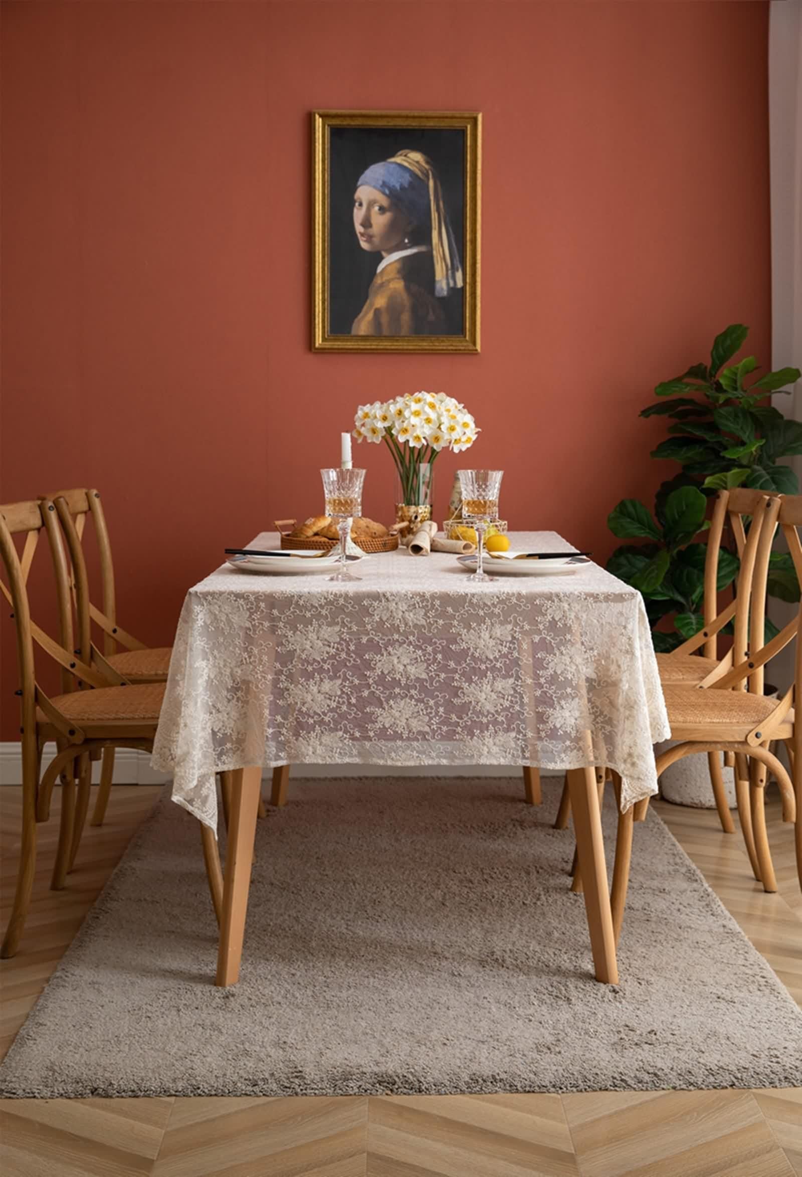 Tovaglia Tavolo Cucina, Tovaglia Cucina Rettangolare Beige Poliestere Fiore Di Pizzo Ricamato Copritavolo 130X180CM per Soggiorno