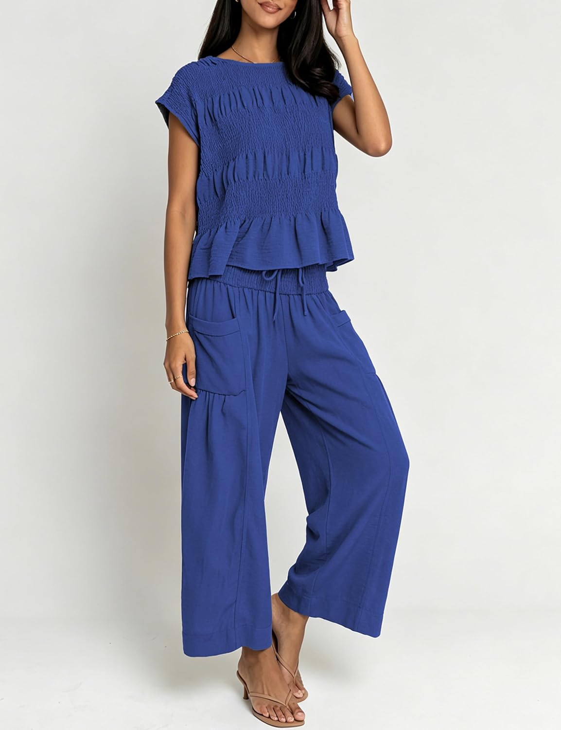 LTSCNRM Women Linen Blend 2 Piece Set High Waist Pocket Smocked Top Wide Leg Pants Boho Outfit Travel Vacation Lounge Wear