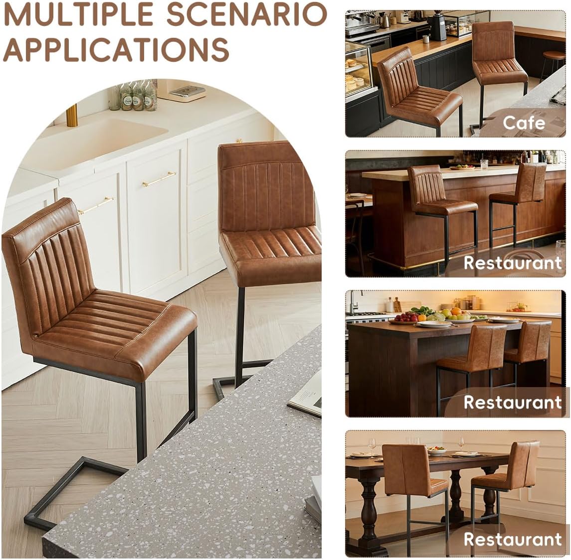Set of 2 Upholstered Bar Stools with Back, 45" Height Bar Chairs with Padded Seat and Footrest, Modern Kitchen Island Stools with Sturdy Black Metal Frame for Home Bar, Dining Room, Brown