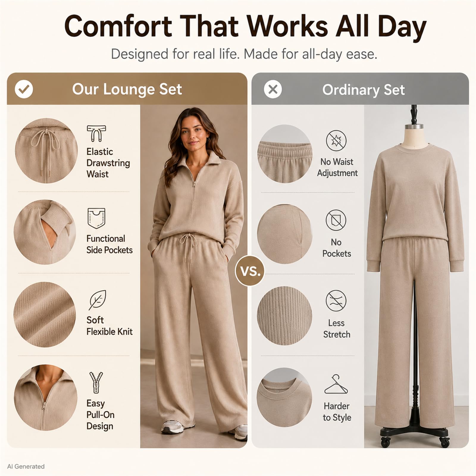 2-teiliges Lounge-Set für Damen, halber Reißverschluss und Hose mit weitem