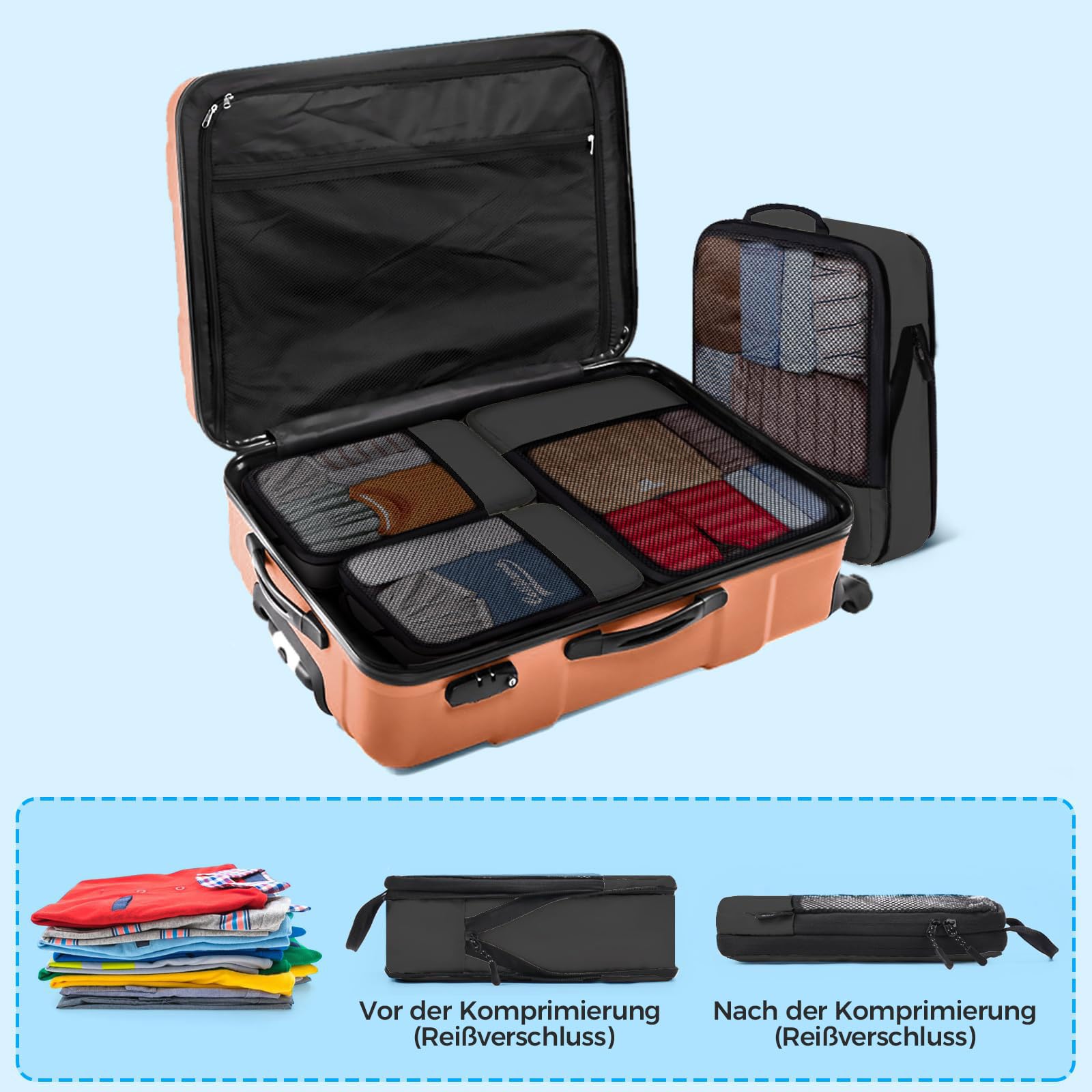 BAGLHER Packwürfel Kompression für die Reise - Extrem platzsparender Koffer-Organizer-Set, wasserdichte Packtaschen, Schwarz
