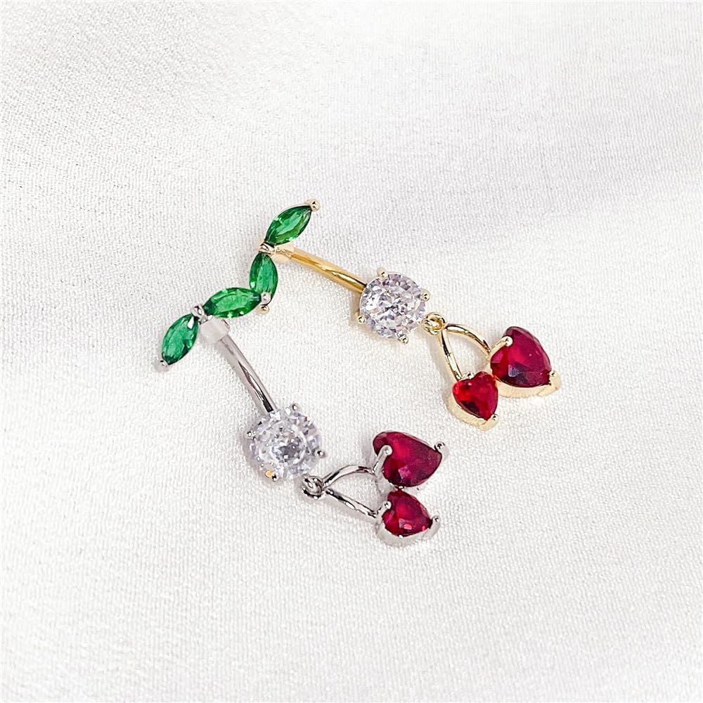 Cute 316L Surgical Steel CZ Cherry Dangle Belly Button Ring 14G Crystal Cherry Belly Navel Rings Navel Curved Barbell Dangling Body Piercing Jewelry 3/8 Inch - Image 4
