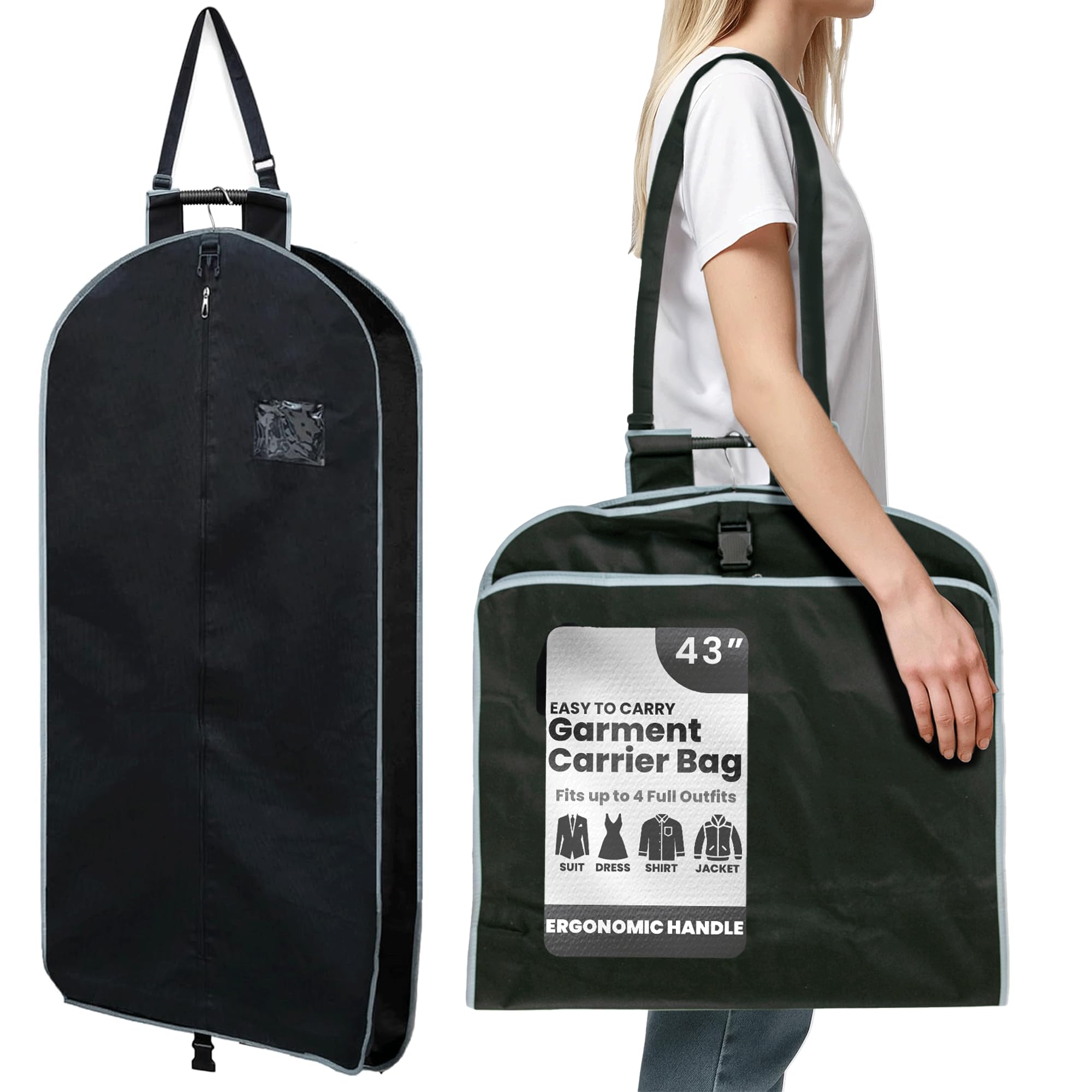 Bayliss+Cole Suit Bag 43" Long with Ergonomic Handle and Adjustable Shoulder Strap - Garment Bags with Robust Design, Quick Release Folding, Large Smooth Zipper, Water Resistant, View Window.