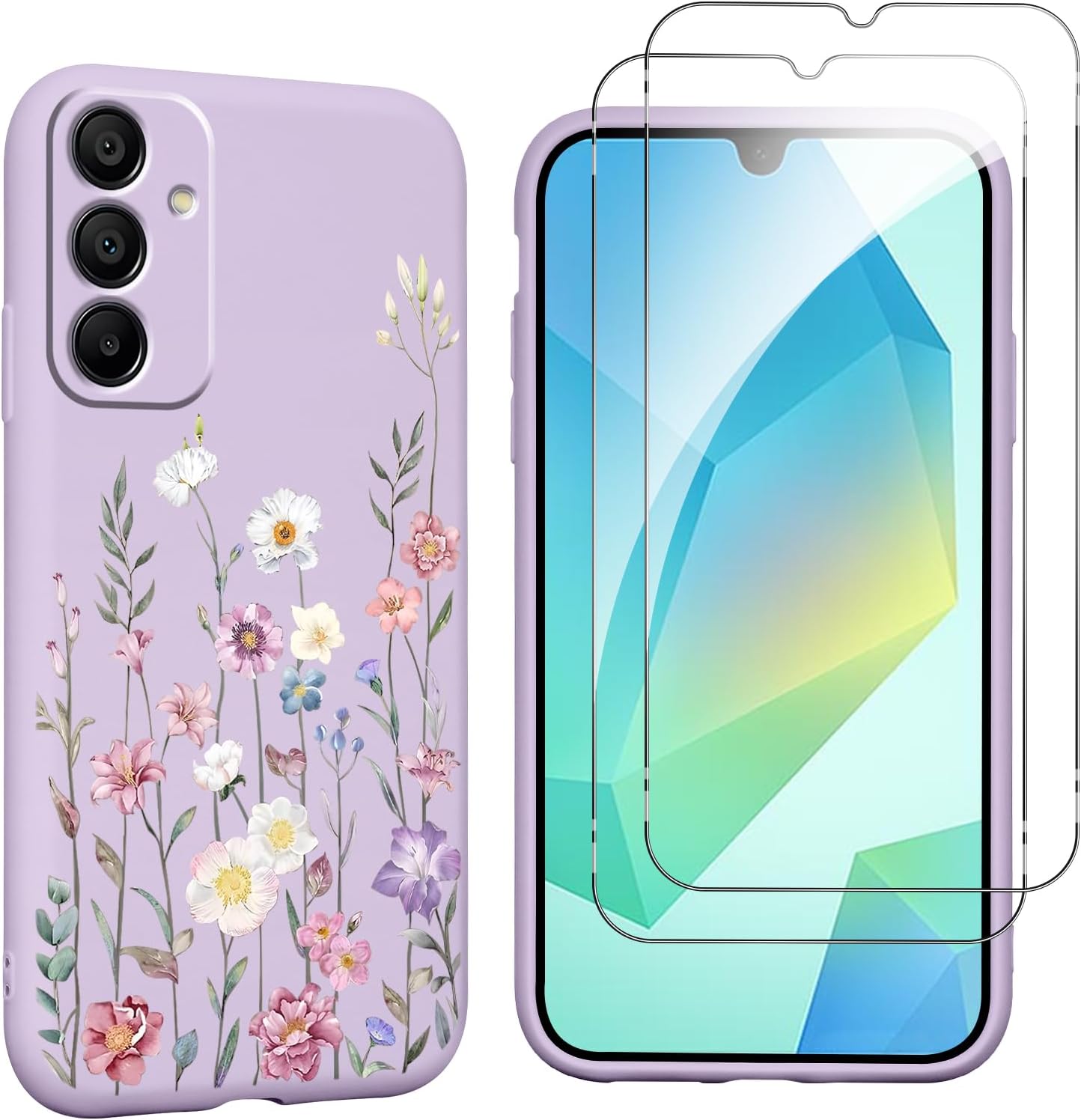 Flower Phone Case for Samsung Galaxy A16 5G 6,7'' with 2X Tempered Glass Screen Protectors, Floral Liquid Silicone Phone Cover Anti-Scratch Soft Protection Funda for Girls Women, Purple 03