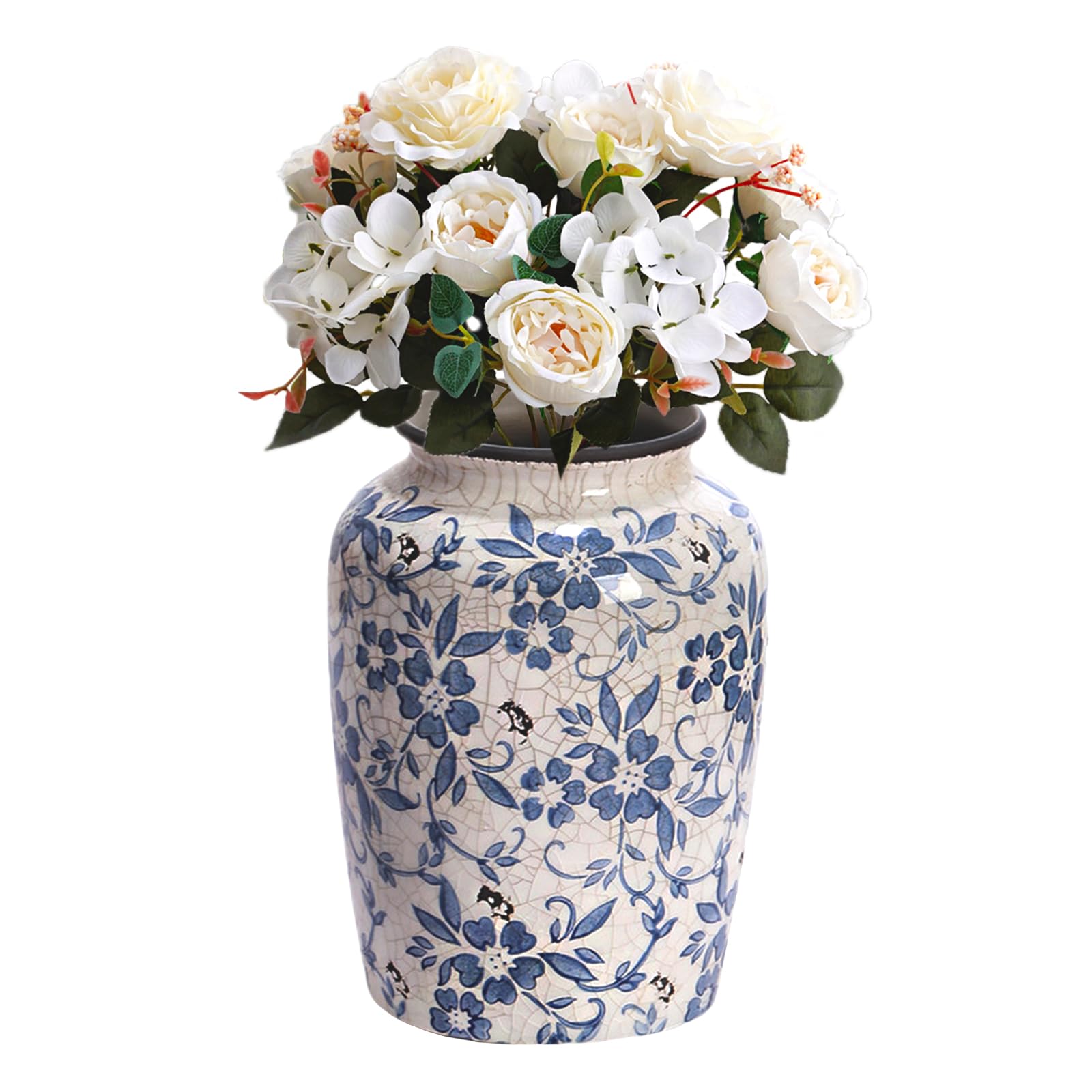 Jarrones Chinos Porcelana Blanco y Azul, Jarrones Decorativos Pequeños de Cerámica, Jarrón Flores Vintage Hecho a Mano con Grieta Esmalte para Decoración del Hogar, Oficina 14,5 x 20 cm (M)
