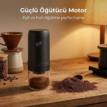 Şarjlı Kahve Öğütücü, İncelik Ayarlı Öğütme Sistemi, Güçlü Öğütücü Motor, Geniş Hazneli Tasarım, 1800 mAh Uzun Şarj Ömrü, Ev Ofis Restoran Kullanımına Uygun Taşınabilir Kahve Öğütme Değirmeni