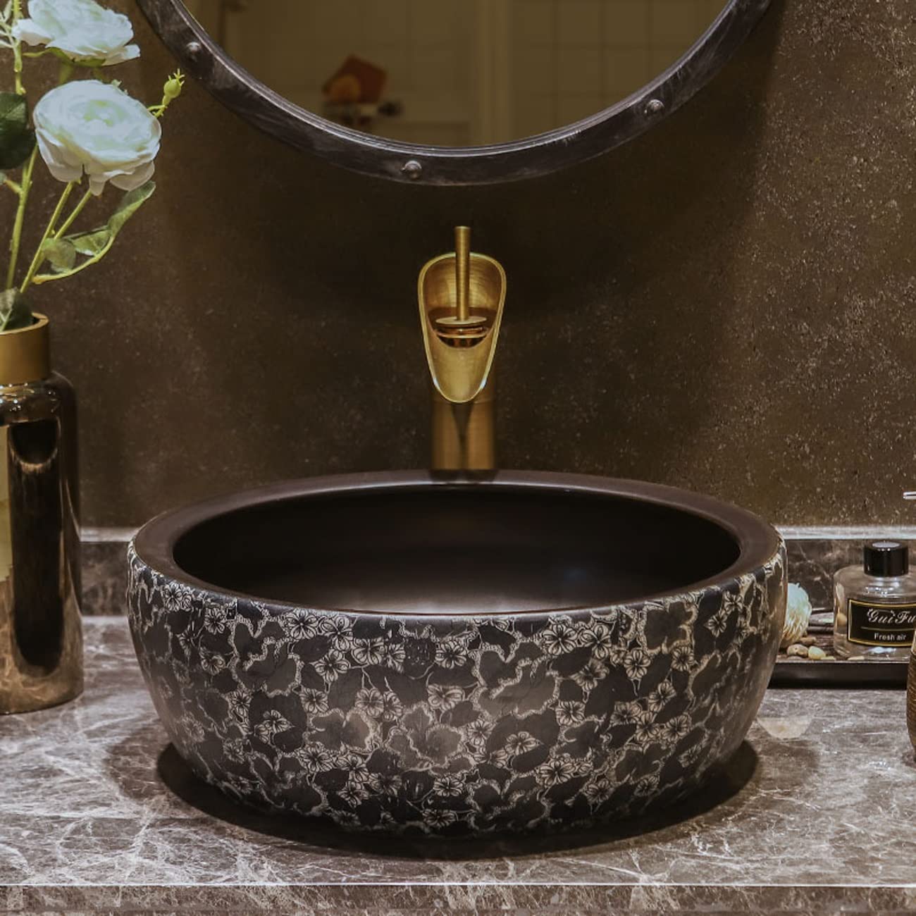 Okrągła Umywalka Nablatowa, Artystyczna Umywalka Łazienkowa Z Kranem I Odpływem, Ceramiczna Umywalka Nablatowa Z Teksturą Vintage Flower