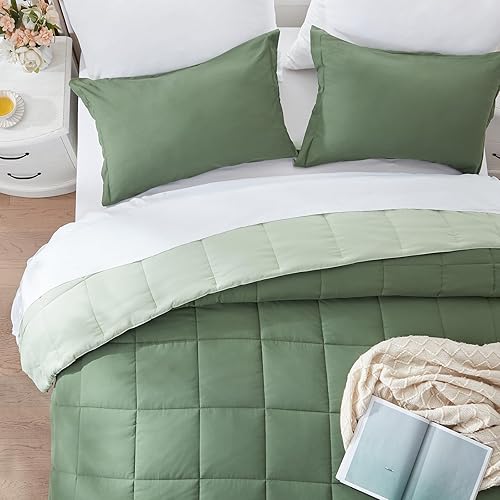 Miniatura 4 de SunStyle Home Juego de edredón tamaño Queen, edredón alternativo ligero de 3 piezas, suave y reversible, para todas las estaciones (verdeverde