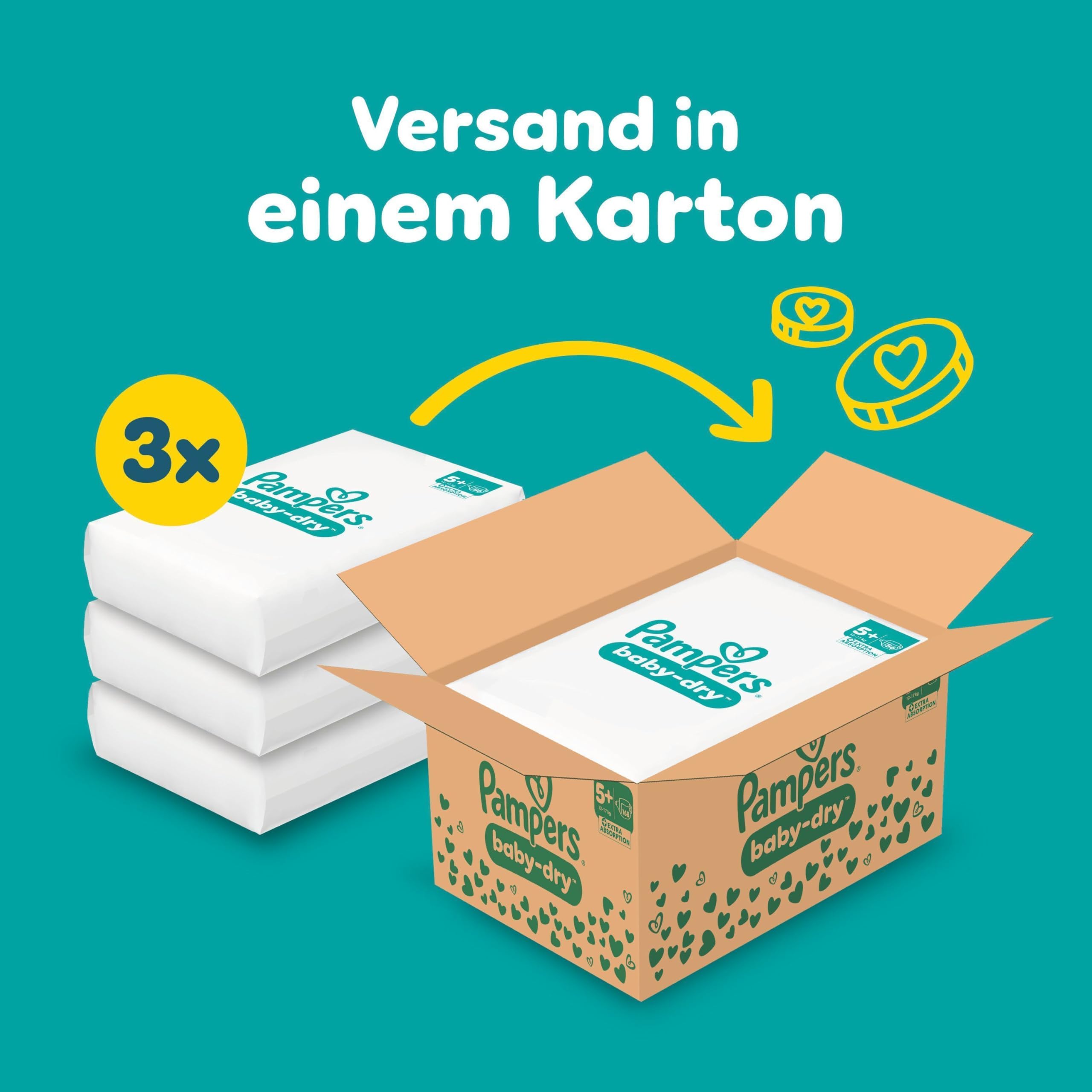 Pampers Baby-Dry Größe 5+, 168 Windeln, 12kg-17kg, Bis zu 100% Auslaufschutz & Komfort die ganze Nacht