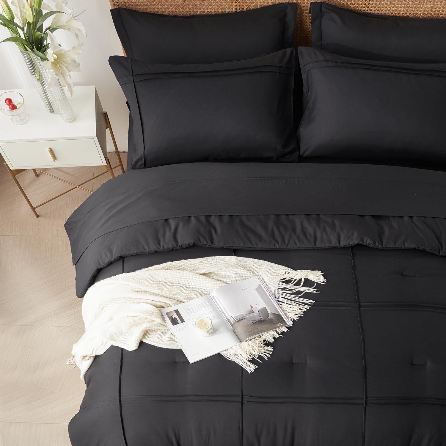 Yogeneg King Size Comforter Set 7 Piece Bed in a Bag,Grid Pinch Pleat Black Bedding Set,Striped Textured Soft Microfiber Comforter with Sheet Set,All Season Complete Bed Set(Black,King) - Image 3
