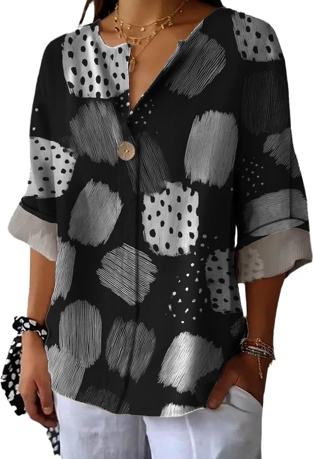 90S Shirts Women Vacation Beach Flower Printed T-Shirt Three-Quarter Sleeve V Neck Plus Size Breathable Tees