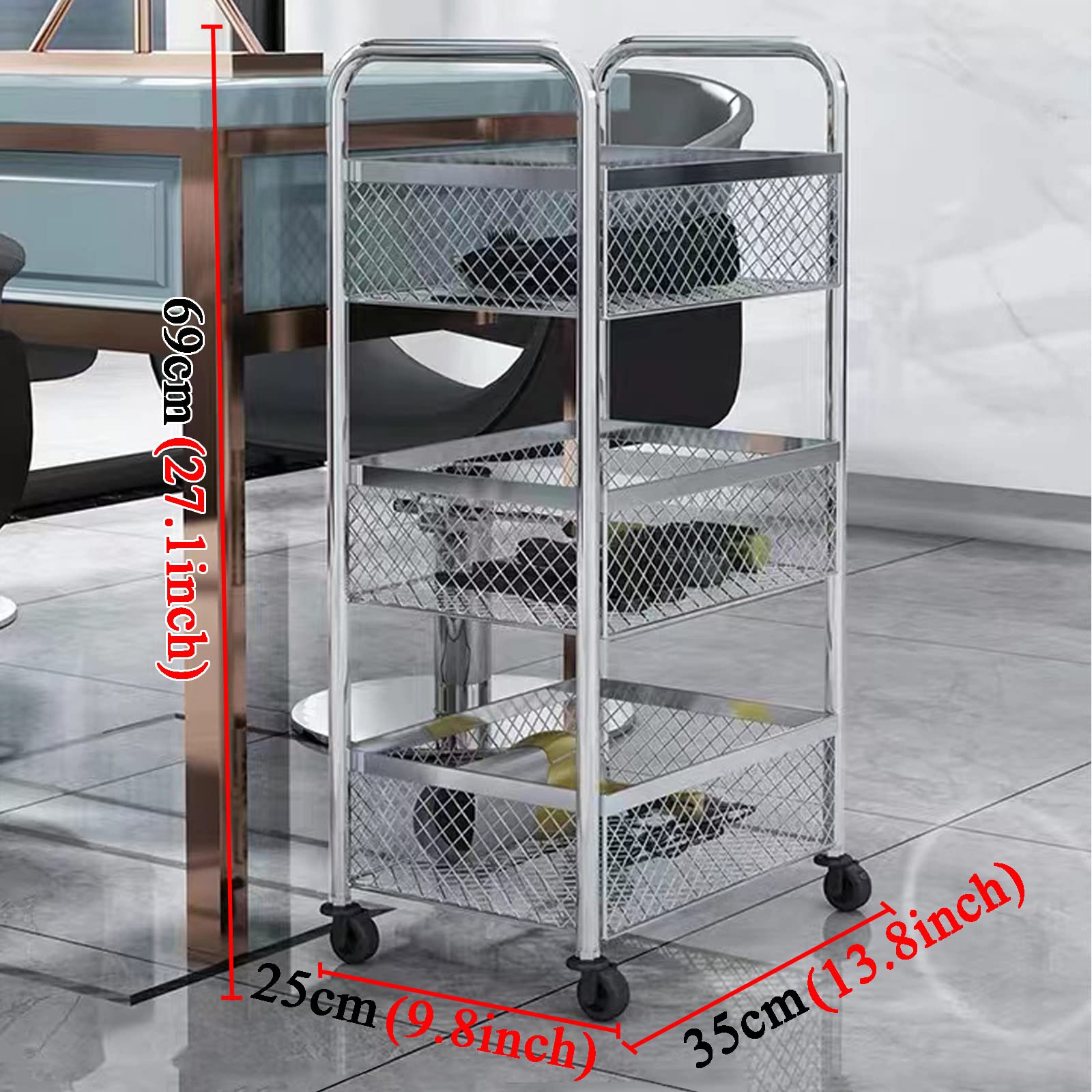 Genérico Carrito de salón con Ruedas de 3 Niveles, barandilla elevada, diseño de Drenaje Calado, Acero al Carbono, Hierro Forjado, Estante de Almacenamiento Multiusos, Acabado Plateado