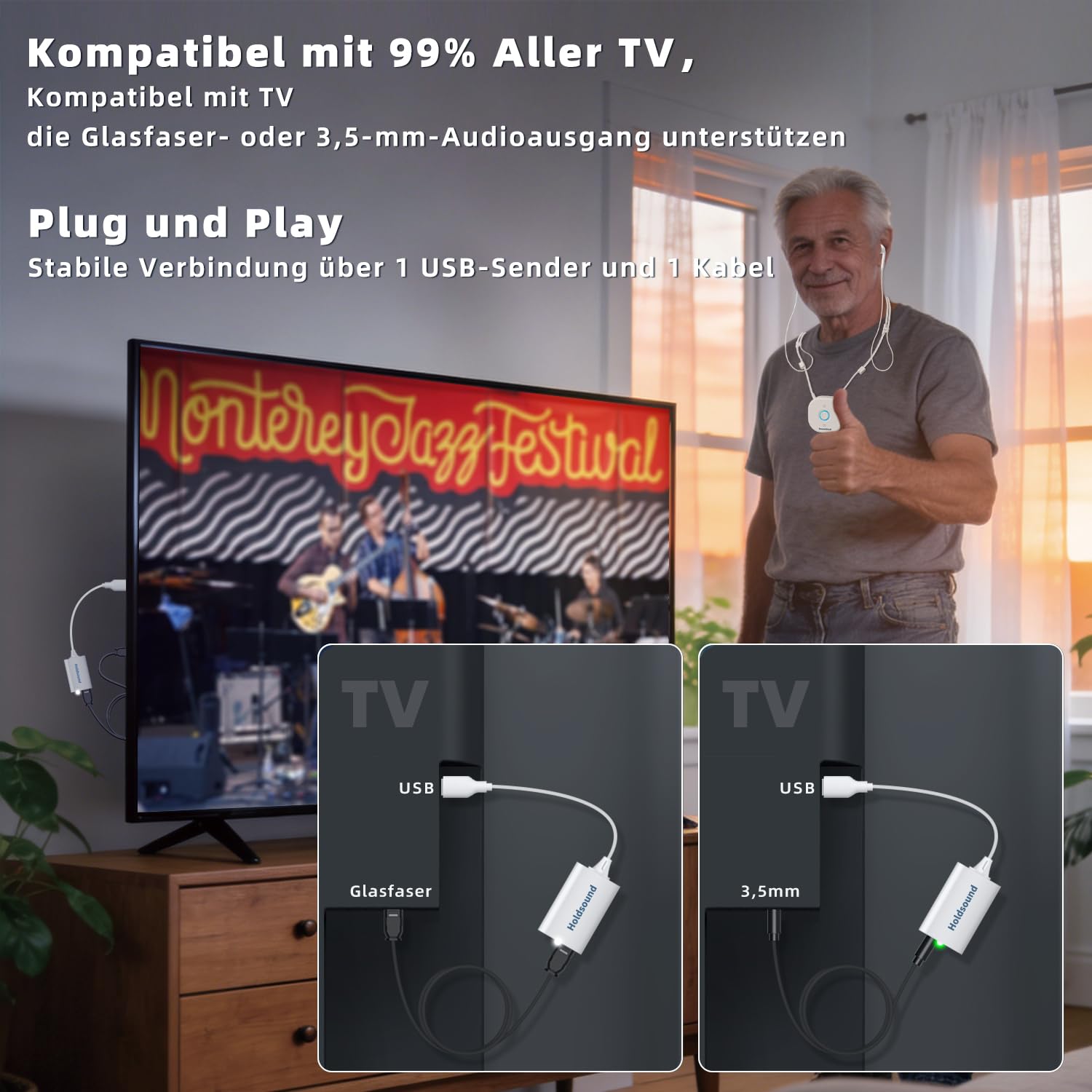 Holdsound HSD100 TV Kopfhörer Kabellos, Funkkopfhörer Kabellos für TV mit USB-Sender, Nackenbügel-Design, Plug-and-Play, Hohe Tonklarheit, 30 m Reichweite, 15 Stunden