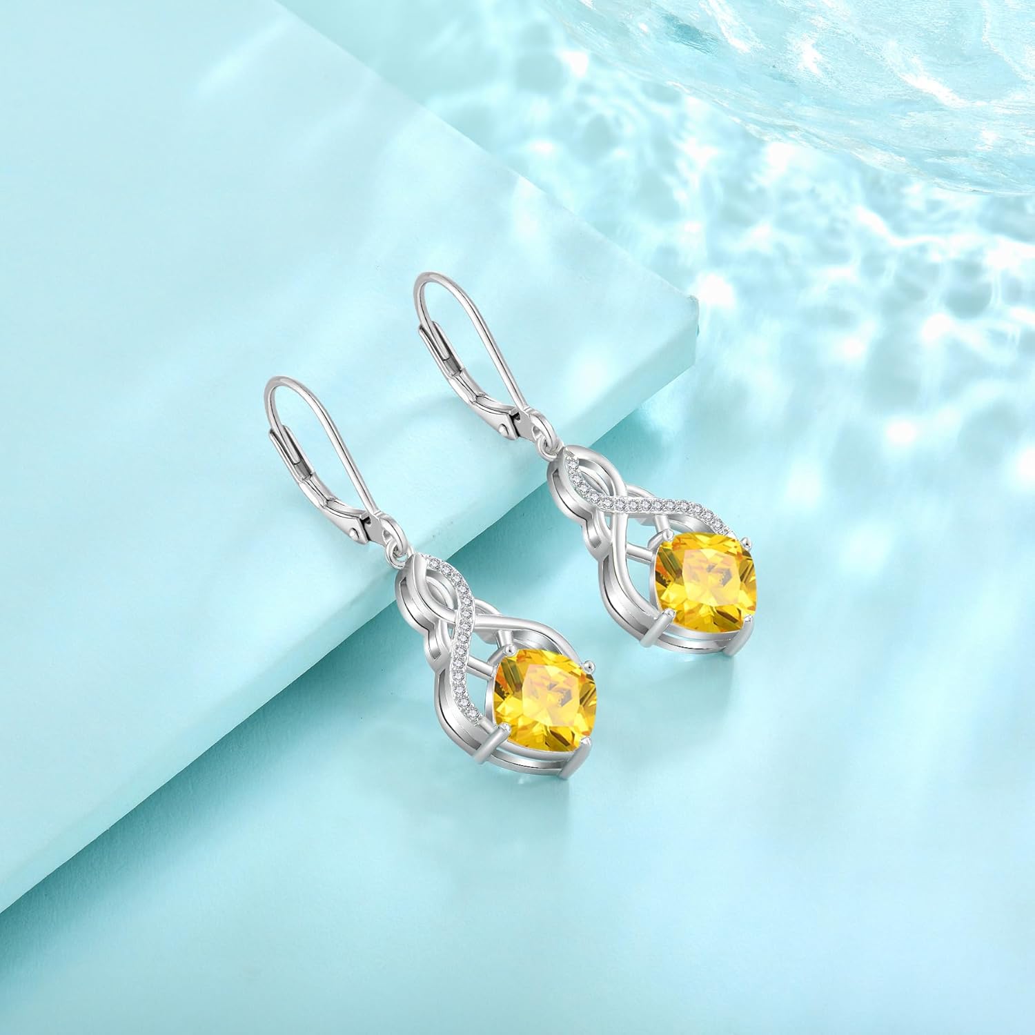 Princess Cut Leverback Dangle Drop Earrings 925 Sterling Silver Infinity Knot Earrings Birthstone Jewelry Gifts for Women - Image 5