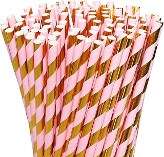 Lives on Green 100 Count Pink Gold Striped Paper Straws, Biodegradable Drinking Straw for Weddings, Birthdays, Graduations and Party Decorations (7.75" x 0.24")