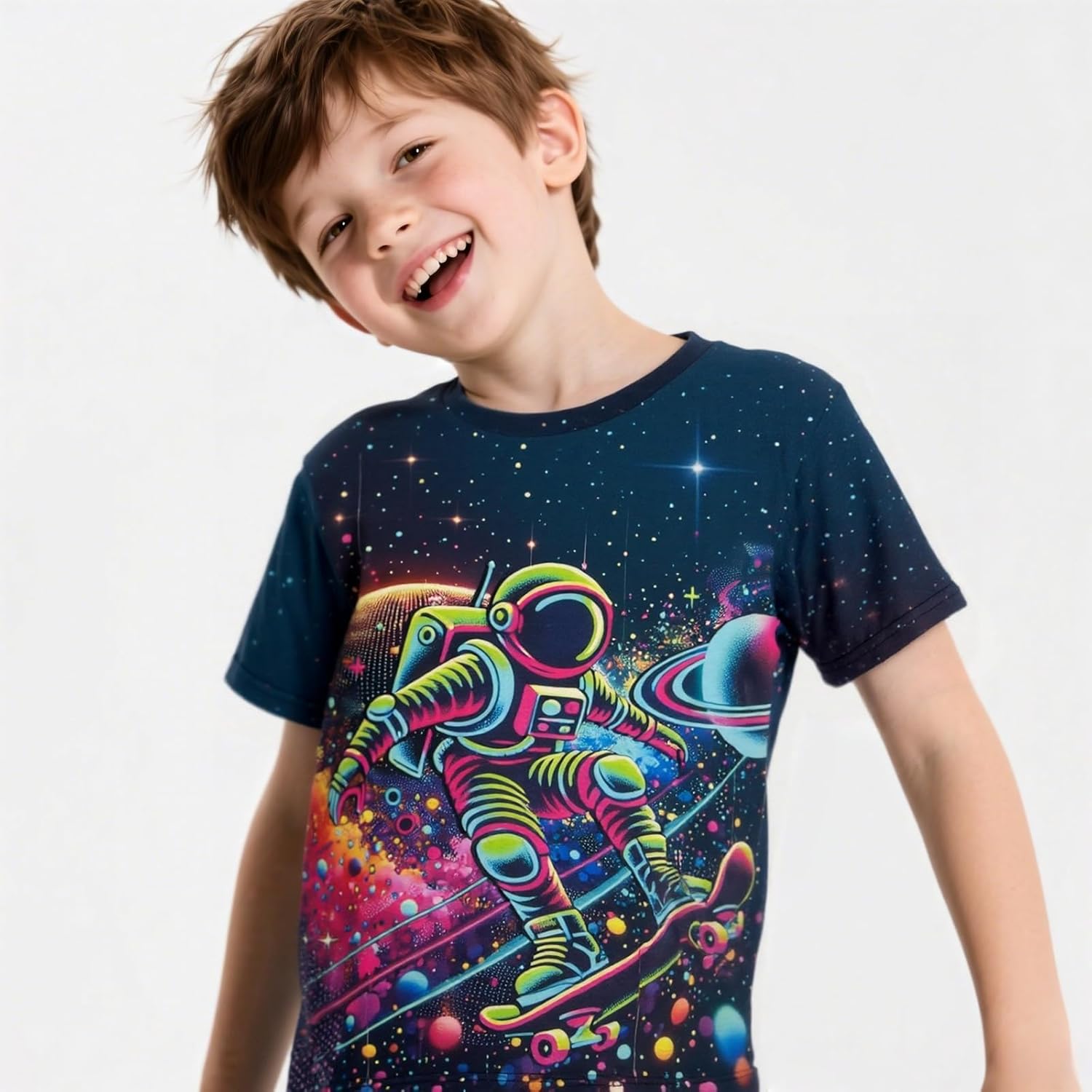Astronaut Neon Shirts for Boys 5-14 Years, Crew Neck 3D Short Sleeve Fashion T-Shirts for Kids Graphic Tees - Image 5