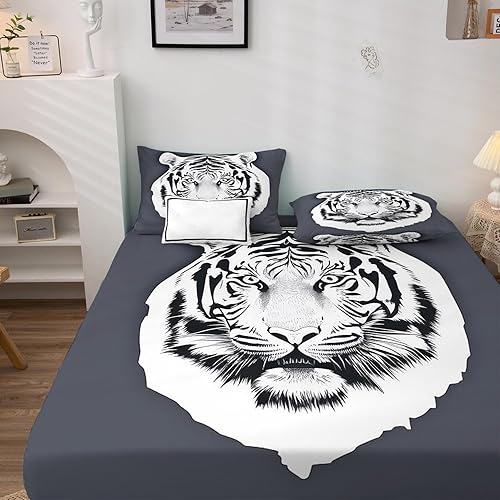 Miniatura 2 de Juego de sábanas de tigre divididas tamaño King, sábanas de cama y fundas de almohada estampadas de 5 piezas, microfibra suave con bolsillo