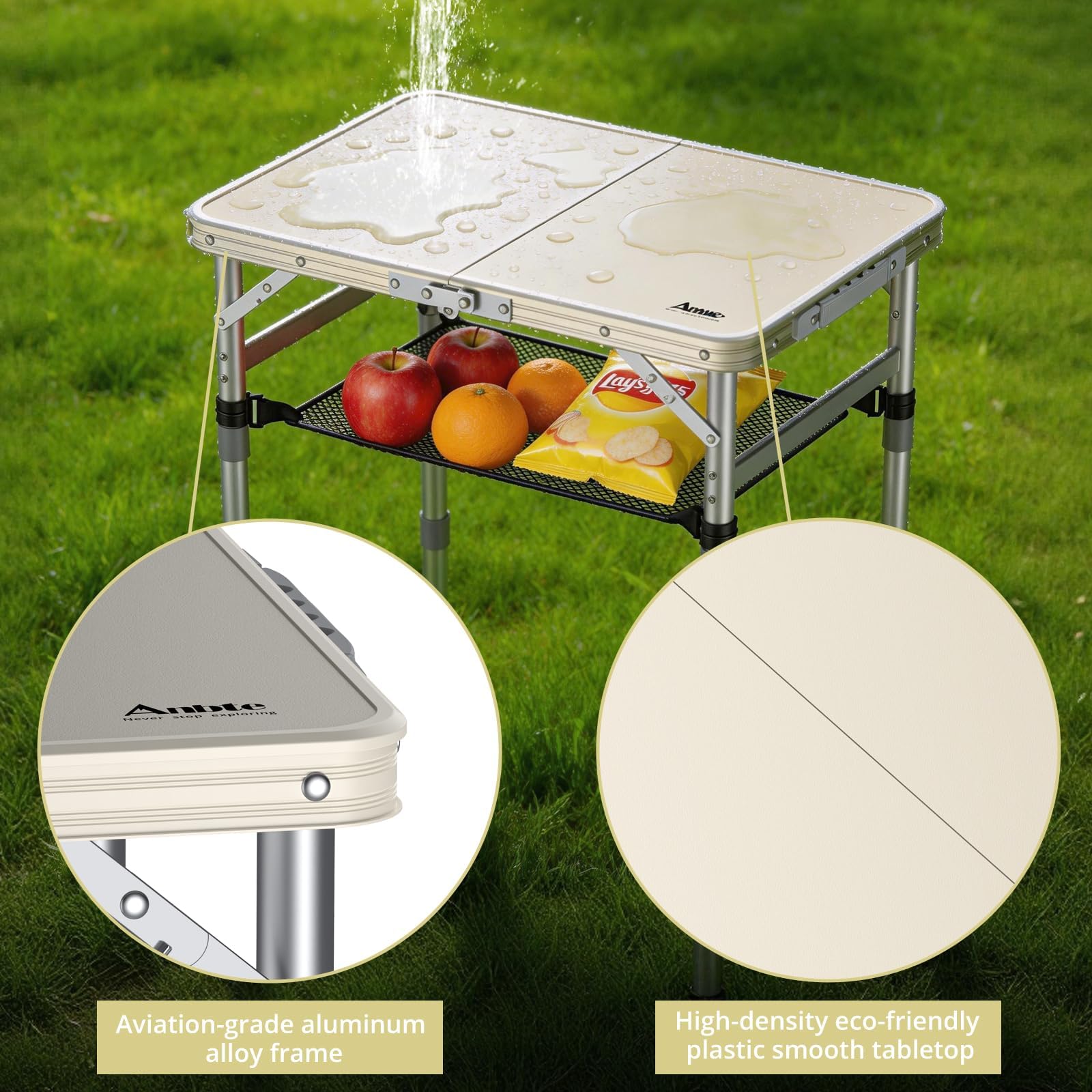 Anbte Table Pliante 58x40x26/48/70cm, 3 Hauteurs Réglables, Argent et Beige | Plateau en Plastique Étanche, Cadre en Aluminium, Facile à Nettoyer, Table légère pour Camping, Jardin, Terrasse, Intérieur