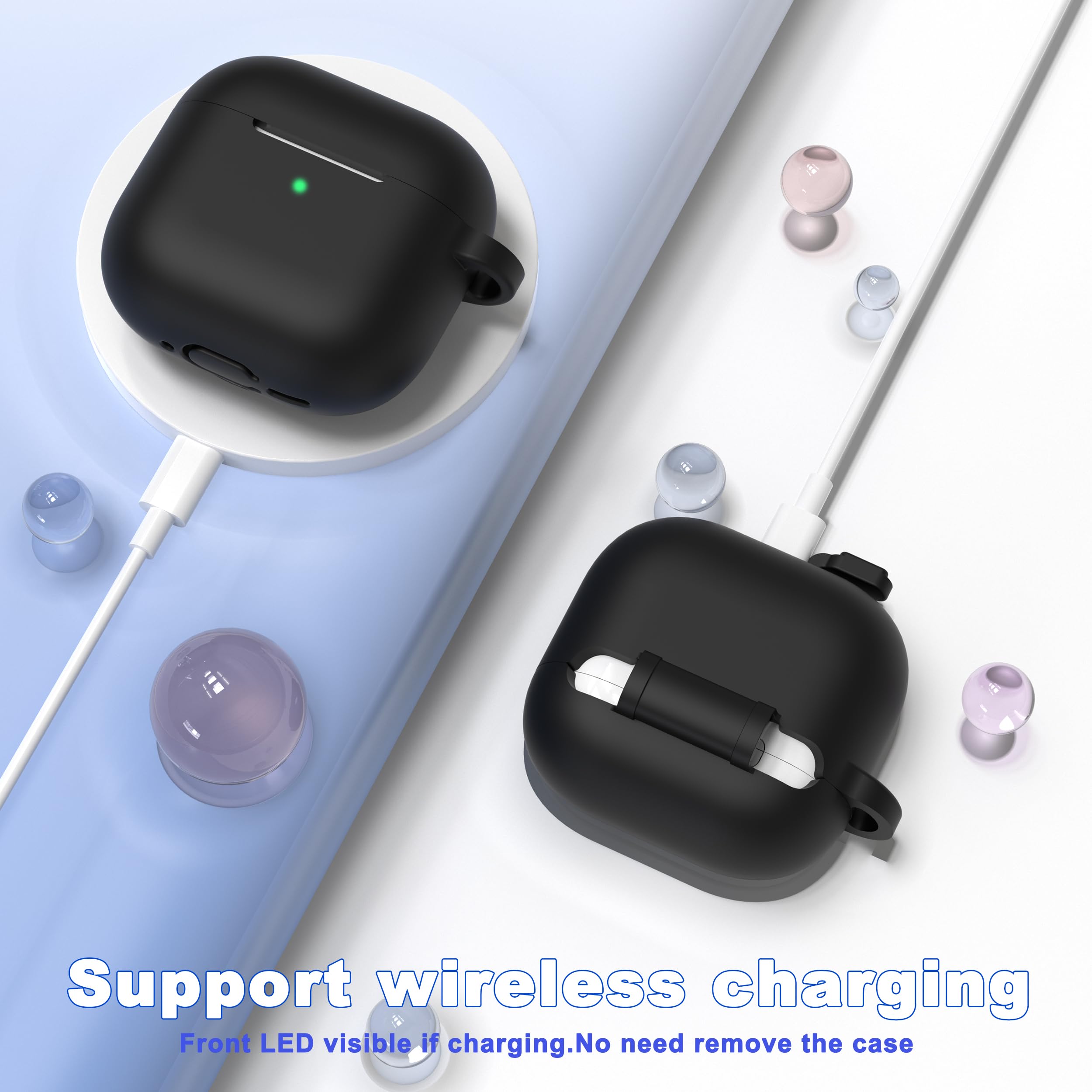 etui na AirPods 4. generacji 2024, miękki silikonowy amortyzujący wstrząsy klasy wojskowej do etui AirPods 4 z brelokiem i zestawem do czyszczenia, czarny