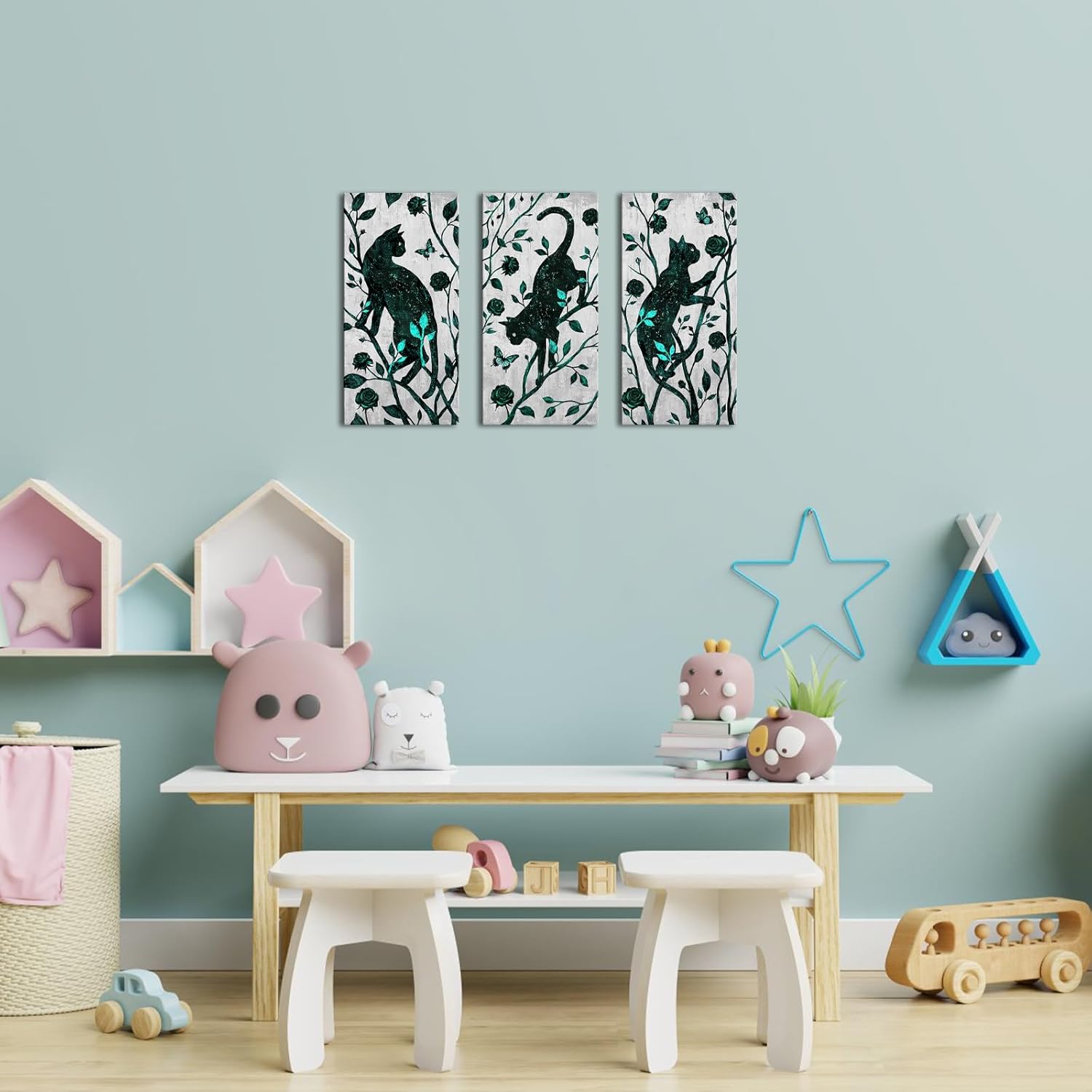 LoveHouse Black Cats Wall Art Cat with Floral Painting Canvas Pet Picture Bathroom Decor (Teal Green)