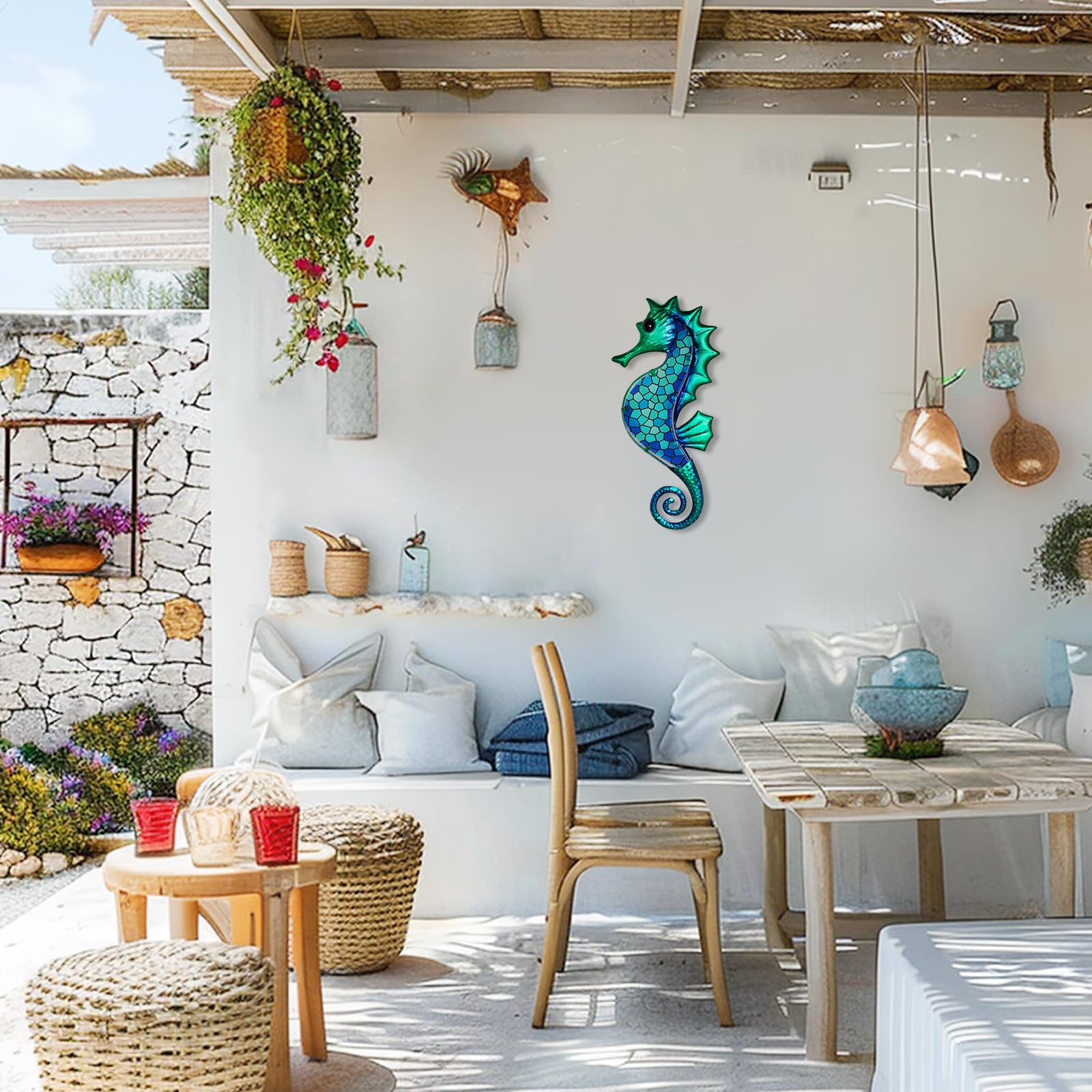 LIFFY Decoración de pared de metal con diseño de caballito de mar con mosaico de cristal, escultura costera, decoración colgante para el hogar, jardín, valla, piscina, playa, baño