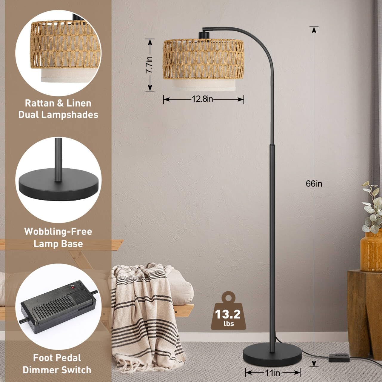 Rattan Floor Lamp, Dimmable Boho Floor Lamp, Farmhouse Arc Standing Lamp with Adjustable Rattan & Fabric Shades, Modern Lamp Tall Lamp for Living Room Bedroom Office Reading Room, Bulb Included