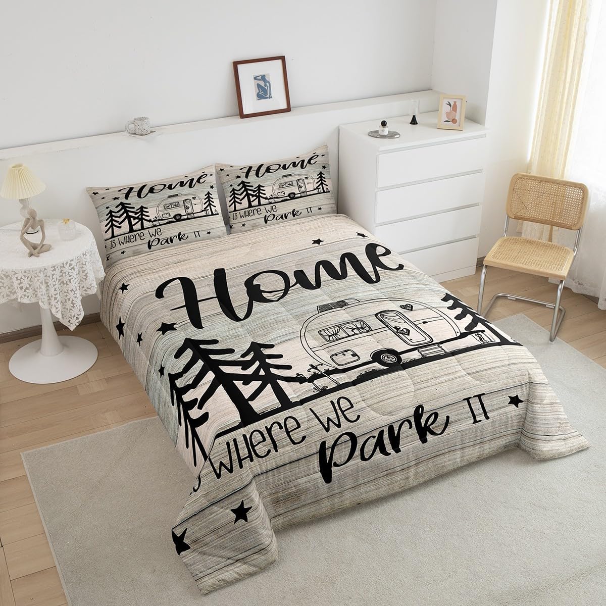 RV Happy Camping Bedding Comforters Queen Size,Home is Where We Park It Comforter Set Adult Women Room Decor, Farmhouse Camping Lovers Soft Duvet Set with 2 Pillowcases,3Pcs