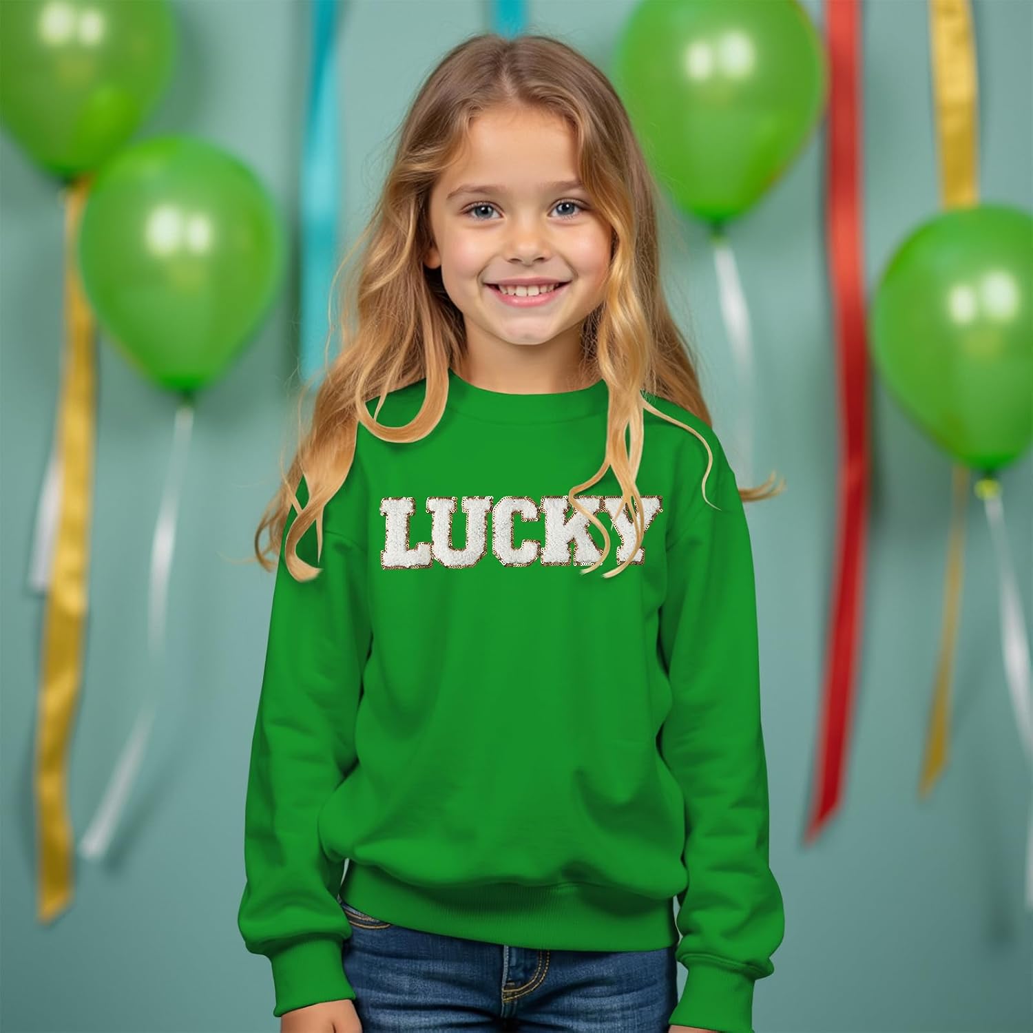 BOUTIKOME Kid Girls St Patricks Day Sweatshirts Glitter Lucky Shirts Long Sleeve Pullover Chenille Patch Embroidered Tops