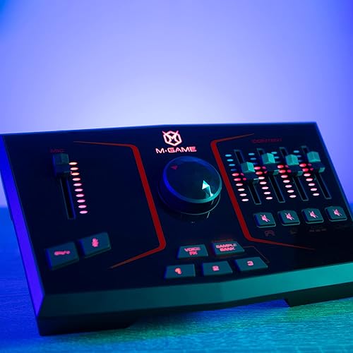 Miniatura 25 de M-Game Mezclador de interfaz de audio USB Solo para transmisión y juegos con micrófono XLR, entrada óptica, Voice FX, muestreador, luces y software
