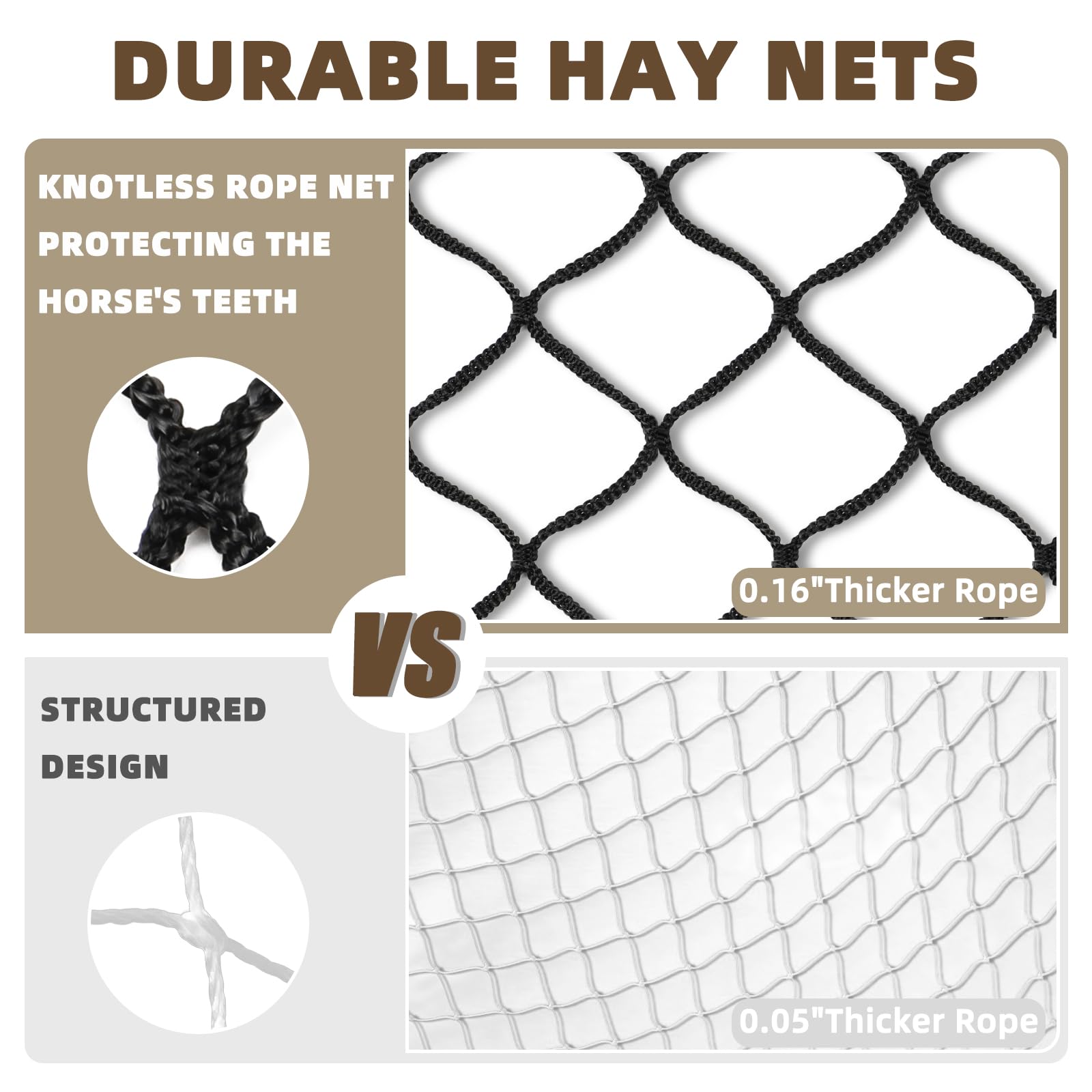 Großes rundes Heunetz für Pferde, 1,8 x 1,8 m, knotenlos, langsames Füttern, Heunetze für Pferde und Nutztiere, schwarze schwere Rundballen mit 5,1 cm Loch für Pferde, Rinder, Schafe auf