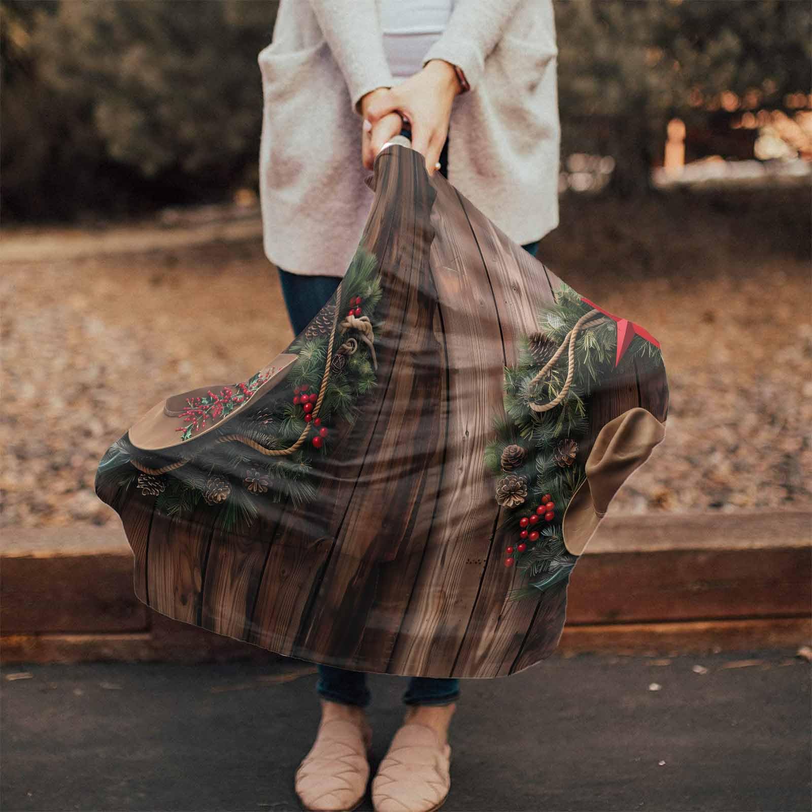 Nursing Cover for Breastfeeding Scarf, Western Xmas Pine Needle Wreath Cowboy Hat Wood Grain Baby Car Covers Super Soft Multi Use for Canopy Shopping Cart Cover Blanket Stroller Cover