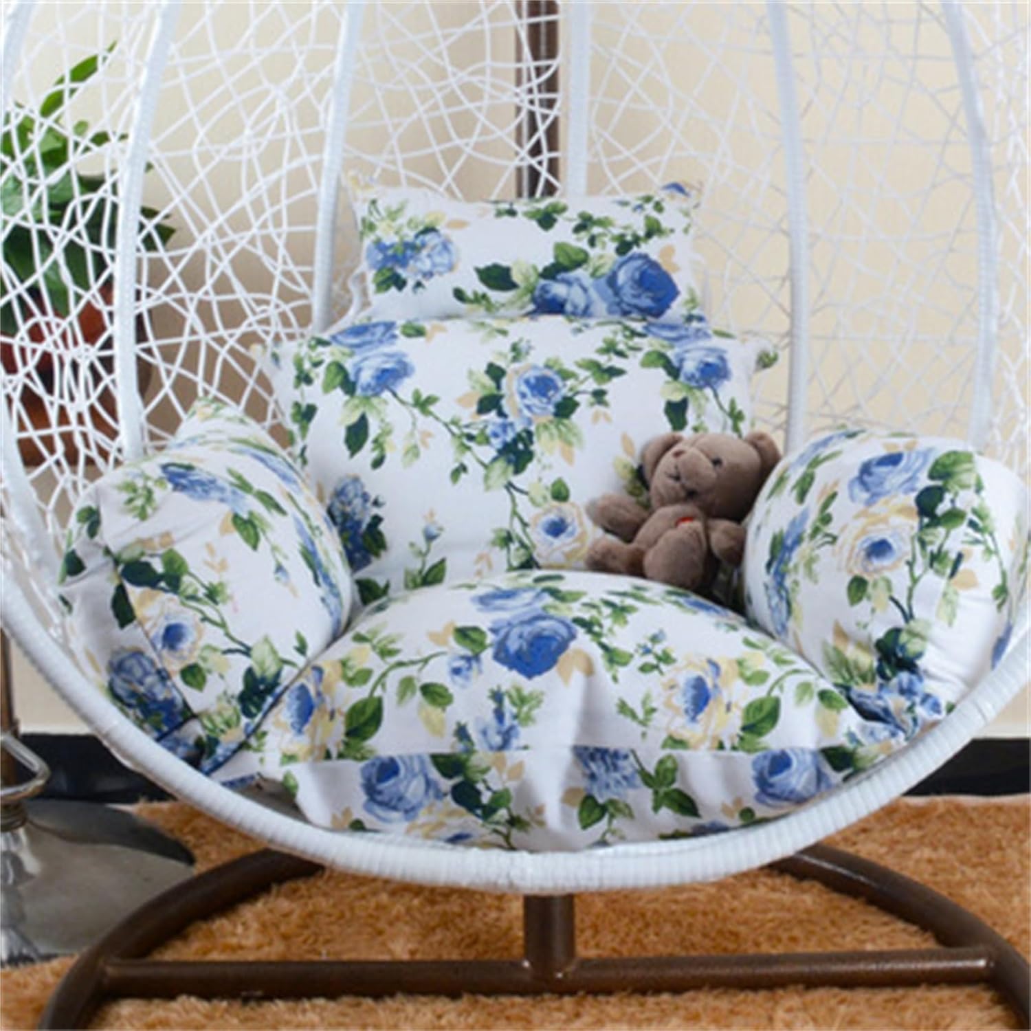 Egg Chair Cushion, Soft and Comfortable Hanging Basket Chair Cushion, Outdoor Recreation Egg Swing Chair Cushion(Peony Flowers Blue)