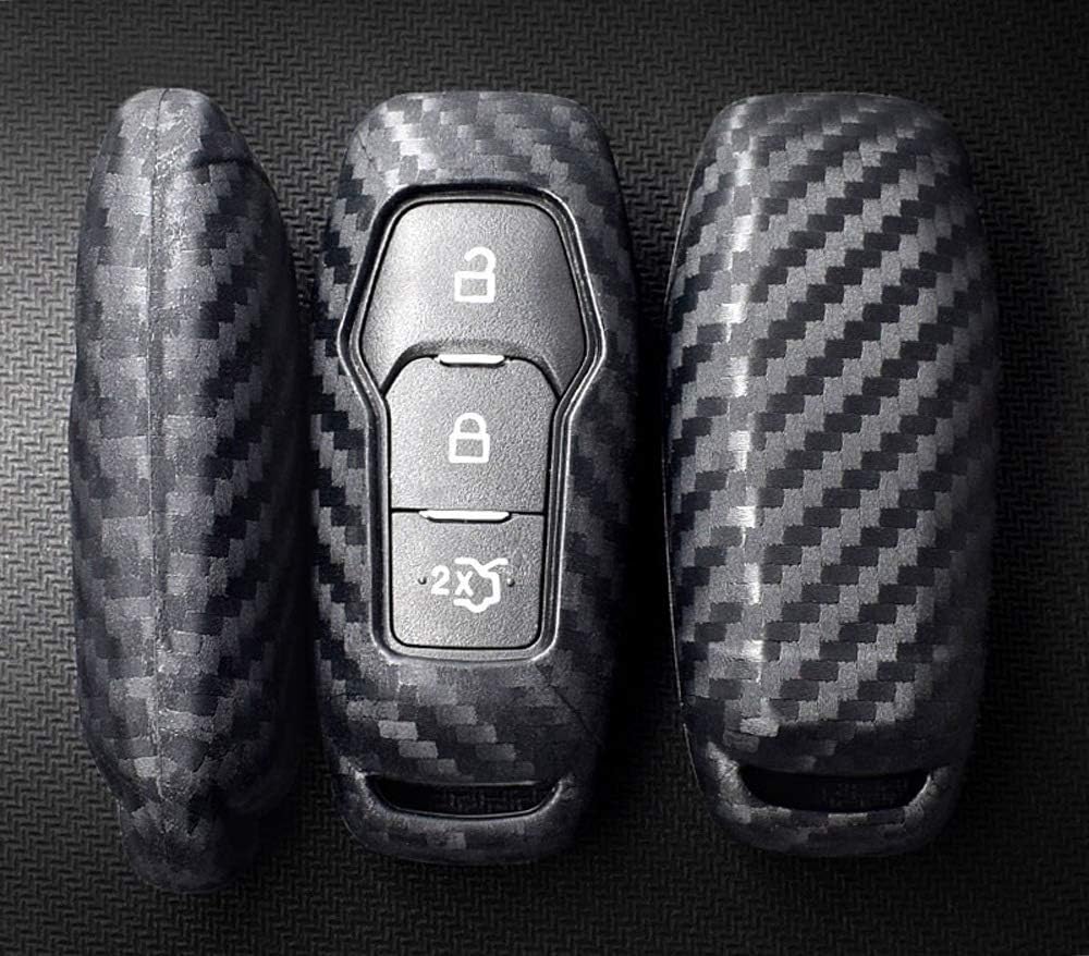 iJDMTOY Carbon Fiber Finish Soft Silicone Key Fob Cover Compatible with 2015-2017 Ford Explorer or F-150 3-Button Keyless Smart Key (Black Twill Weave Pattern) (Pack of 2)