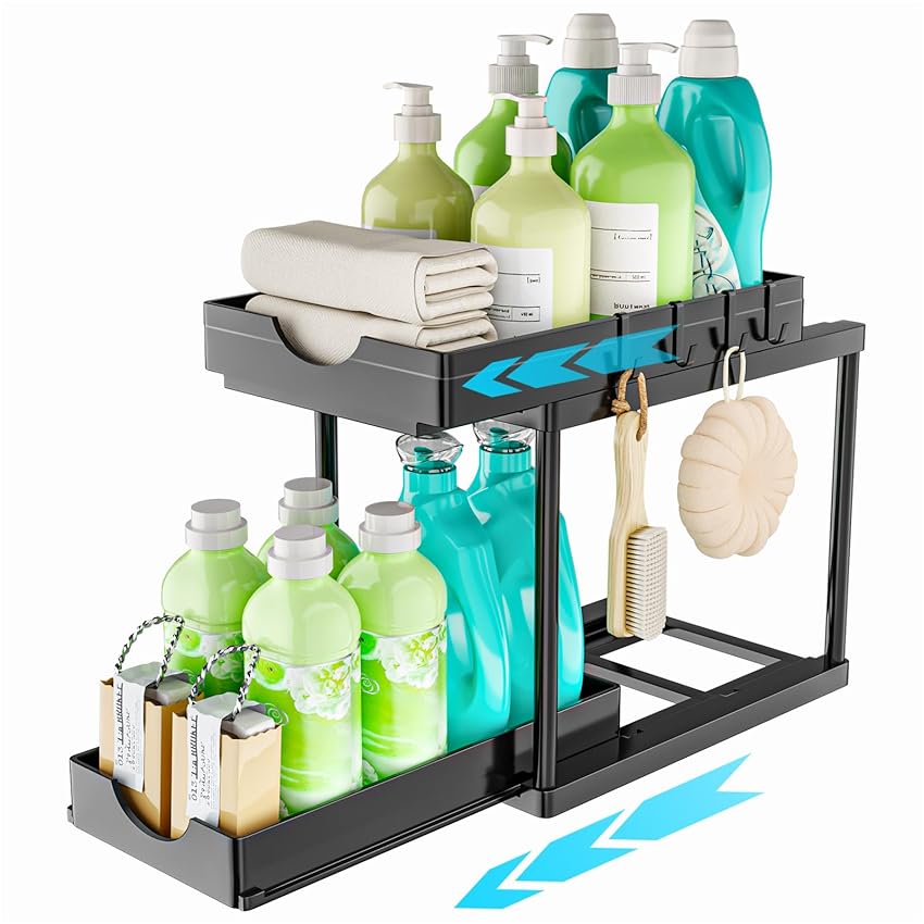 ARSTPEOE Organizer Sottolavello Cucina - Cassetto Estraibile, Scaffale Cucina a 2 Livelli, Mobile Sottolavello con Ganci, Organizer Cassetti, Nero, 1 Pezzi