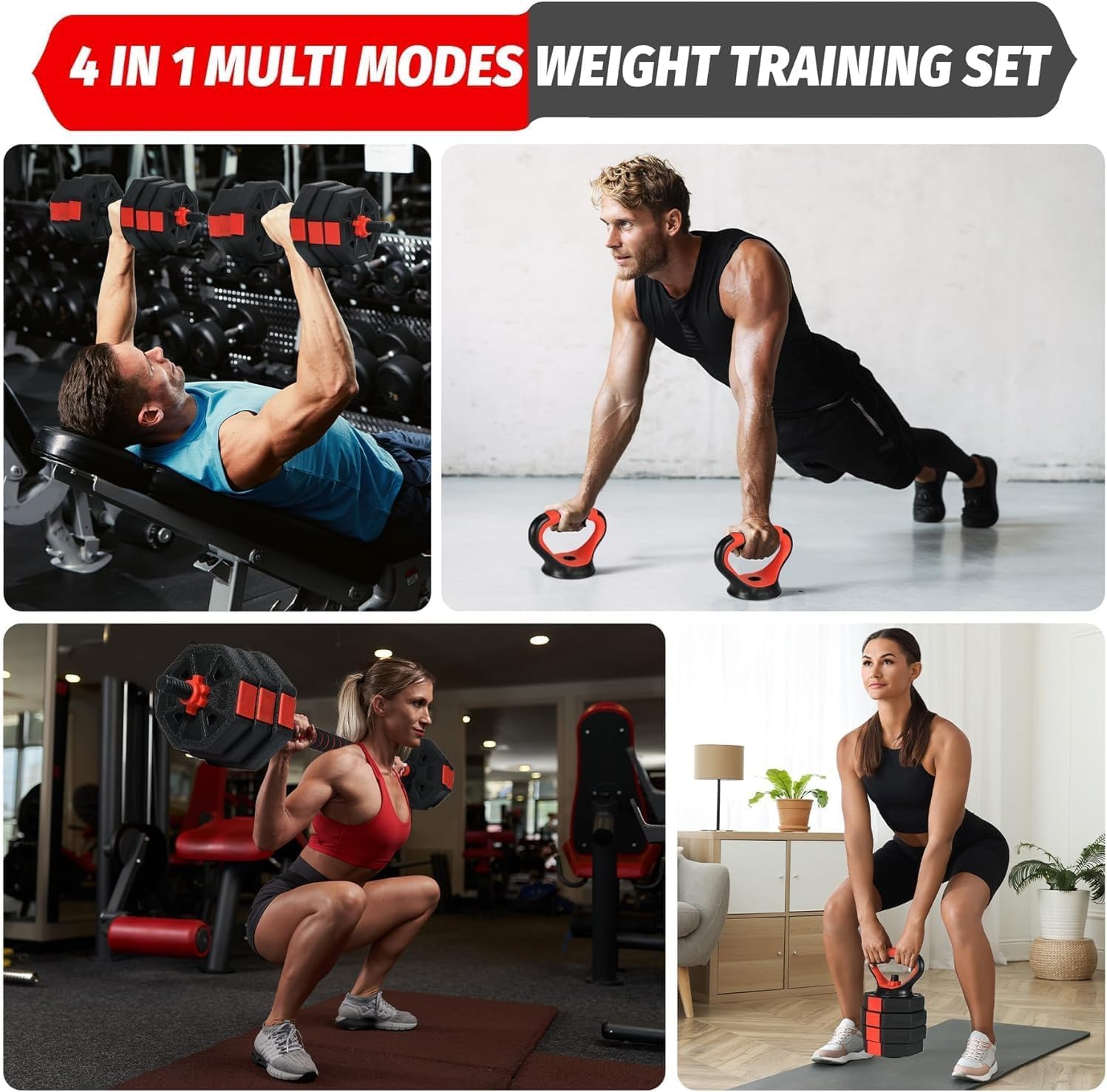 Adjustable Dumbbell Set, 44/66/88Lbs 4-in-1 Free Weights for Home Gym, Converts to Kettlebell & Barbell with Connector, Non-Slip Grip, Ideal for Men & Women Strength Training
